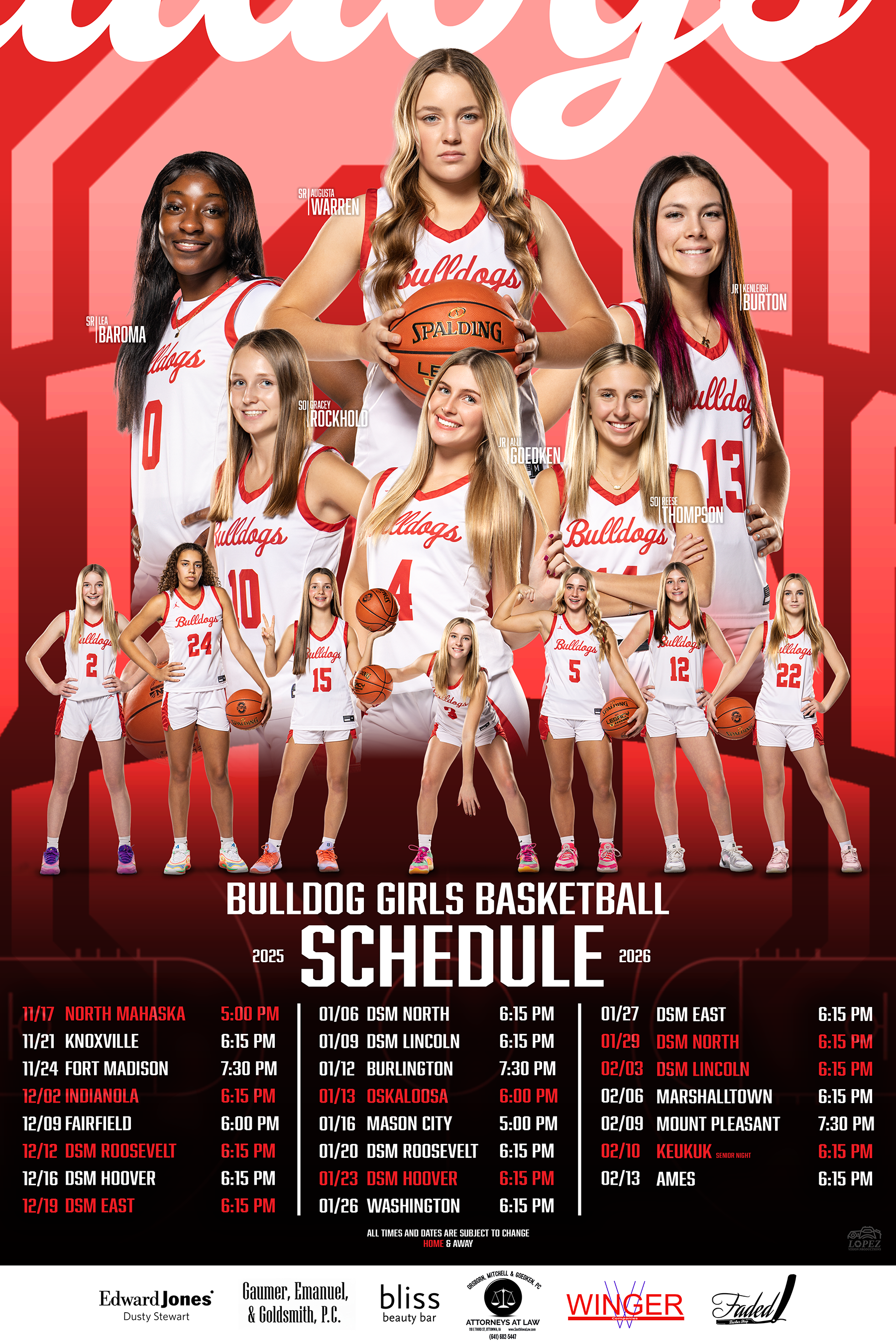 2025-2026 Bulldog Girls Basketball Schedule poster featuring team photos, with a background in red and white, and game dates and times listed at the bottom.
