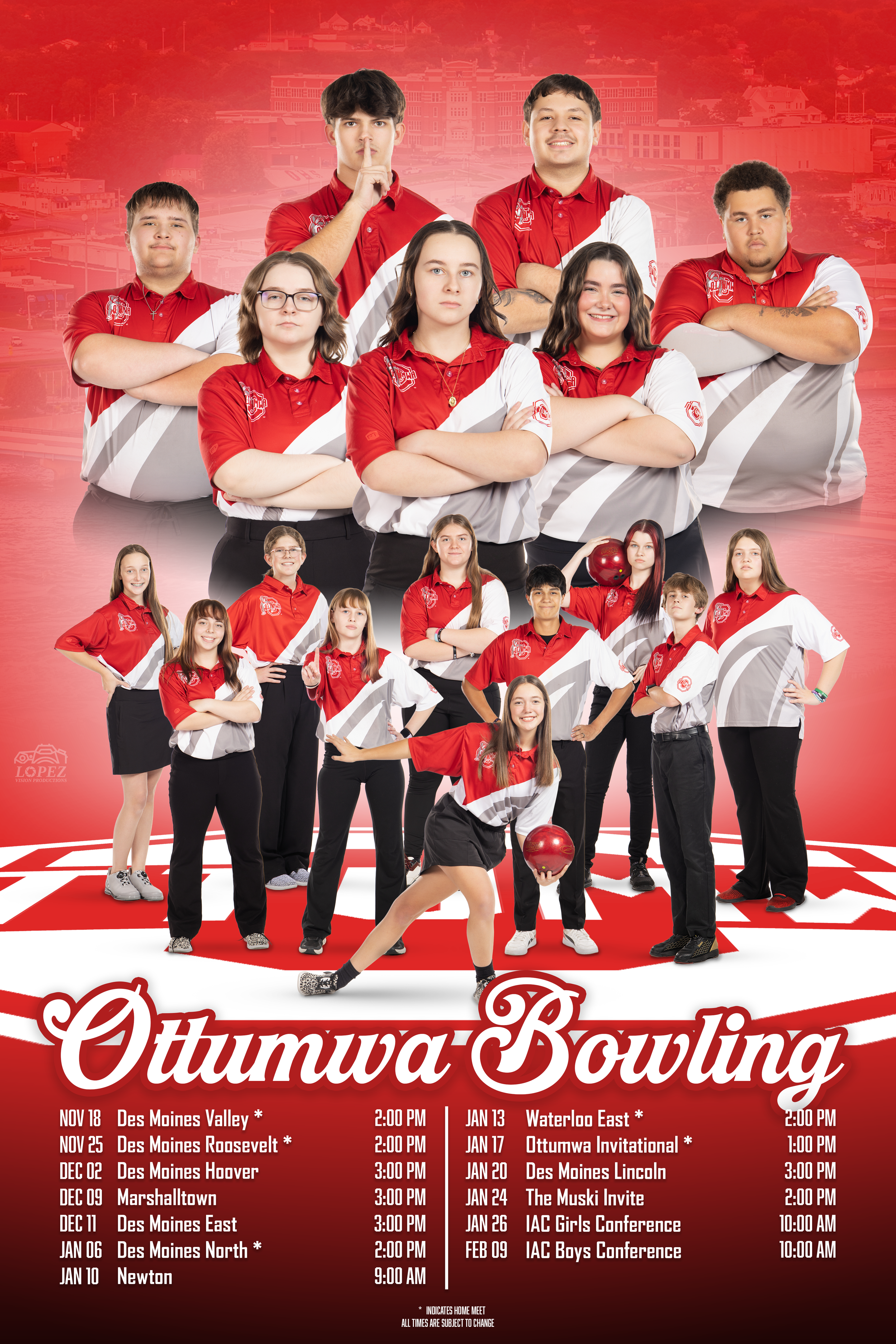 Poster for Ottumwa Bowling with a group of people in red and white uniforms, some holding bowling balls, and a schedule of bowling matches and tournaments.