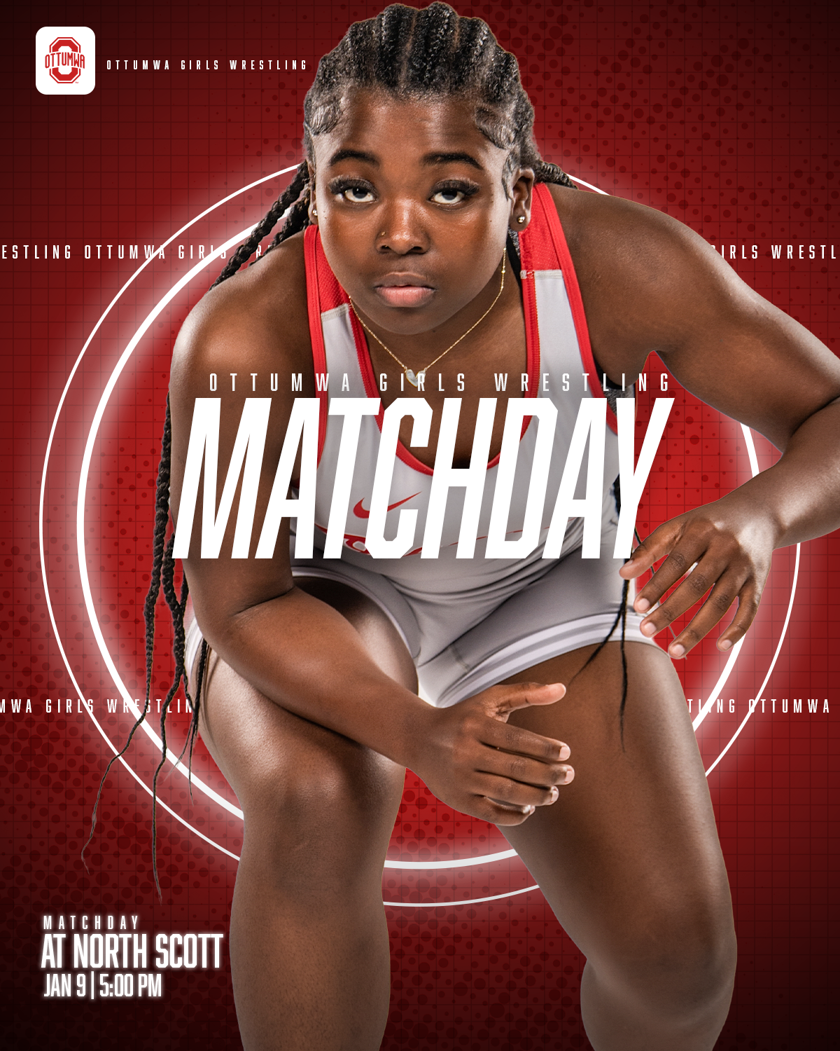 Poster for Ottumwa Girls Wrestling Matchday featuring a female wrestler in a crouching pose wearing a red and gray sports uniform with a serious expression, set against a red background with circular design elements. The event is scheduled at North S