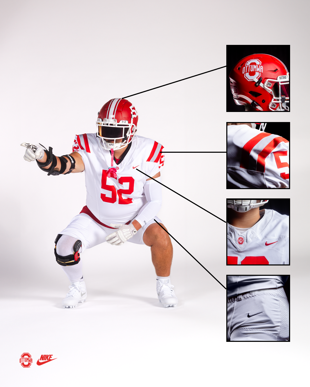 A football player in a white and red uniform and helmet, squatting with one knee on the ground, pointing, with close-up insets of helmet, shoulder, chest, and shorts.