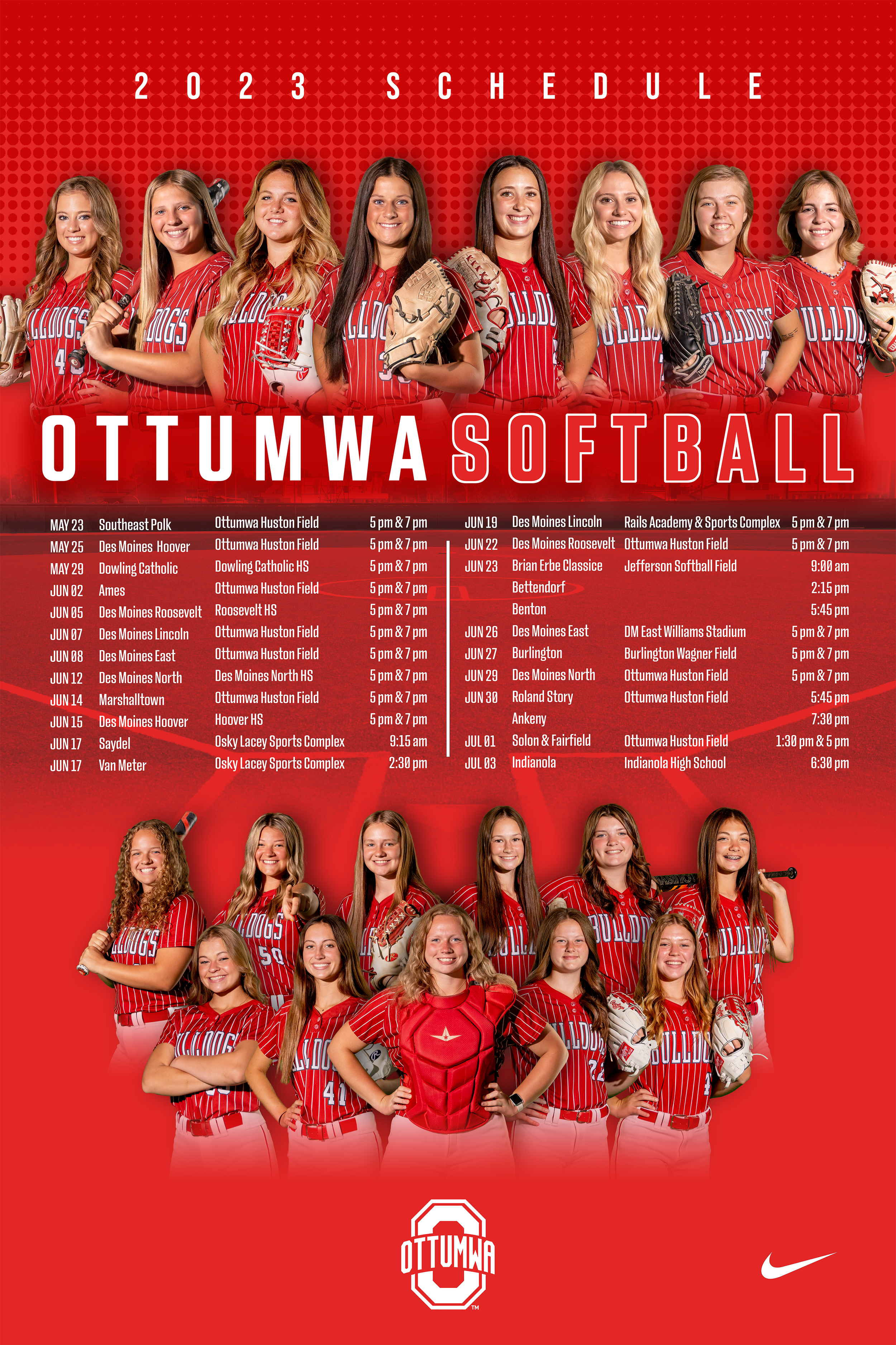 Ottumwa Softball 2023 schedule poster featuring team photos of young female softball players in red uniforms, with schedule details listed below