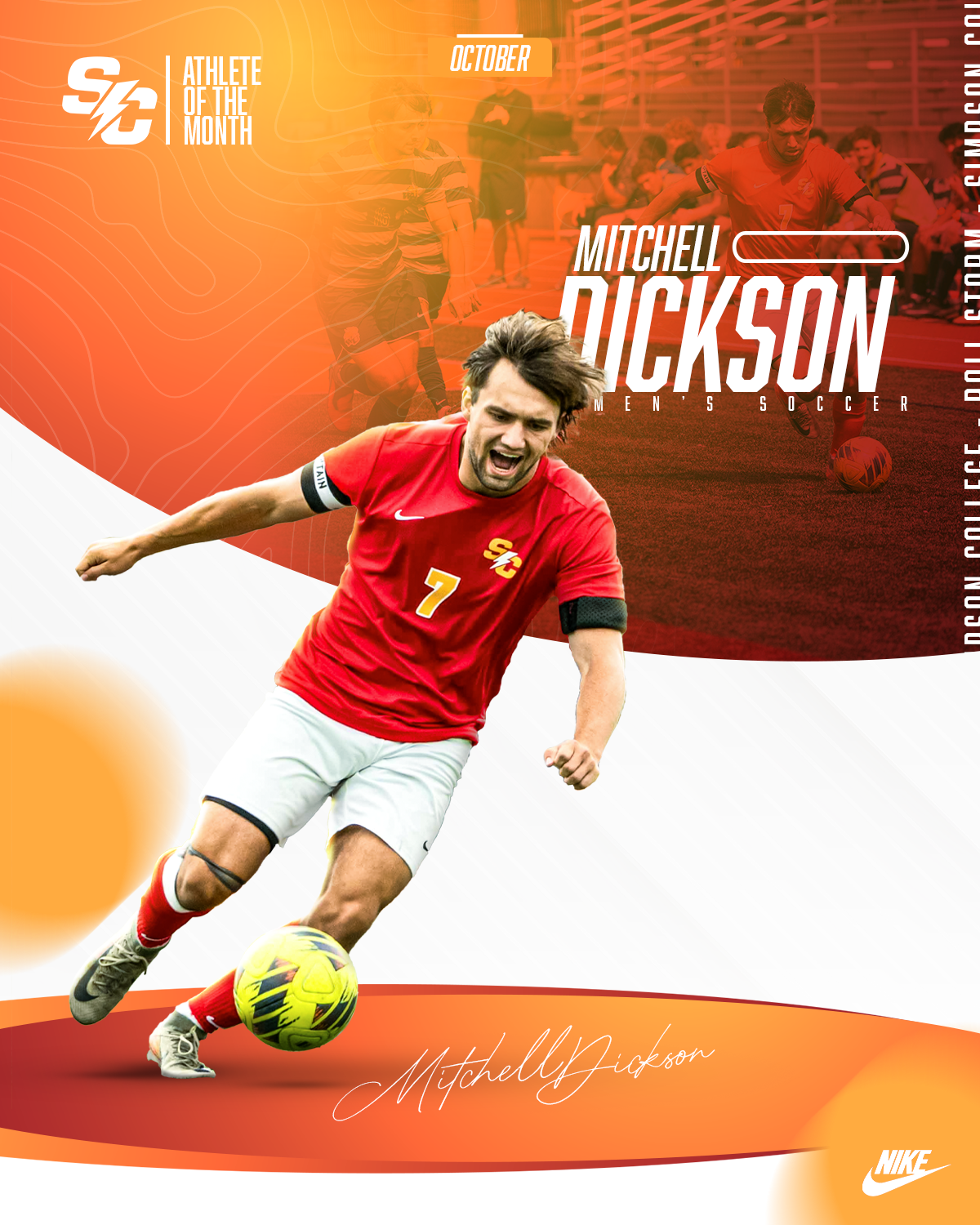 A football player in a red jersey with the number 7, kicking a yellow football on a field with an orange and red background. The image features text about Mitchell Dickson, the men's soccer athlete of the month, with additional images of the player i