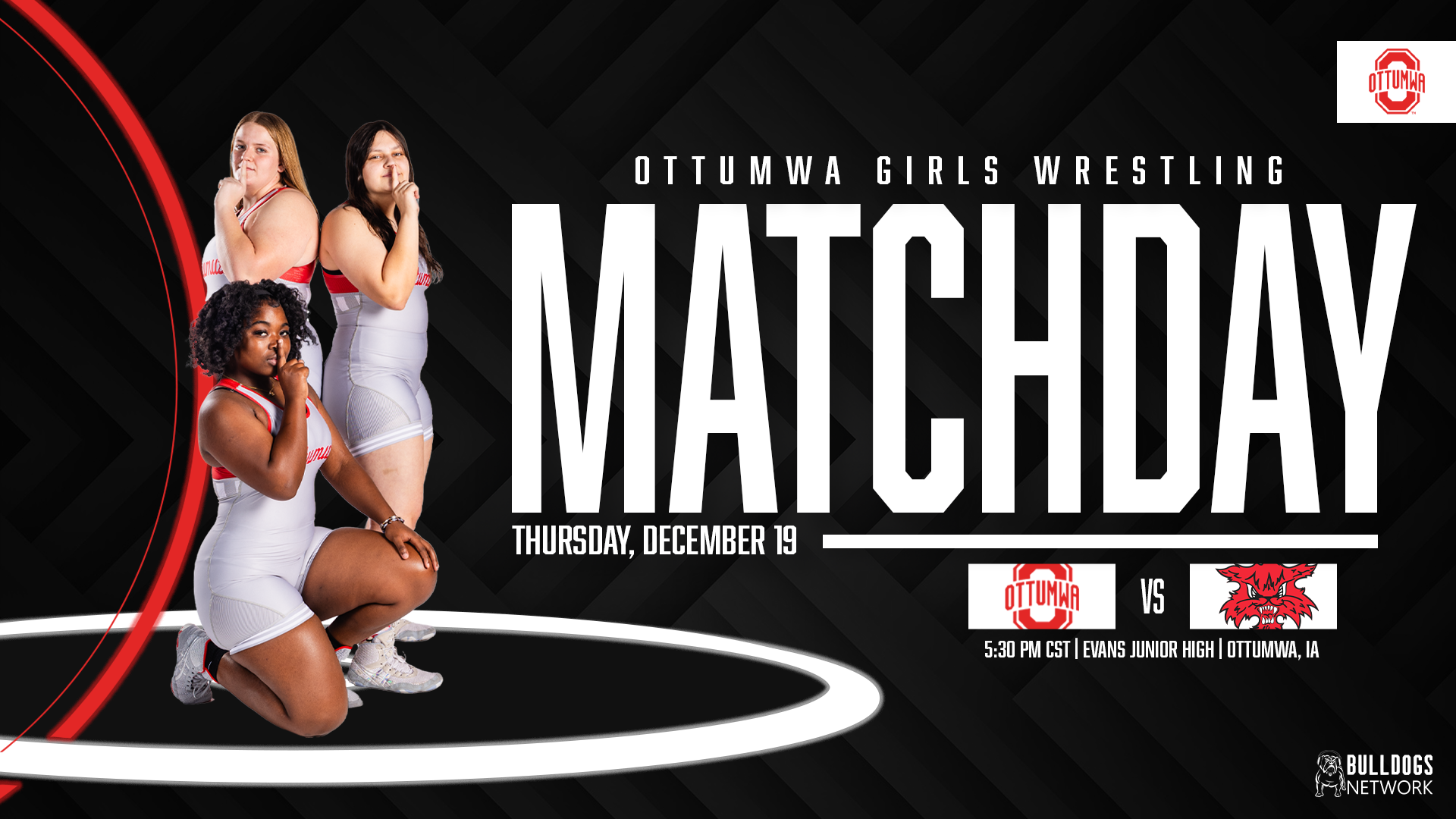 Poster advertising Ottumwa Girls Wrestling Match on December 19 at Evans Junior High, Ottumwa, IA, featuring three young female wrestlers in white and red uniforms posing with finger on lips, with a black and red background and logos of Ottumwa and B