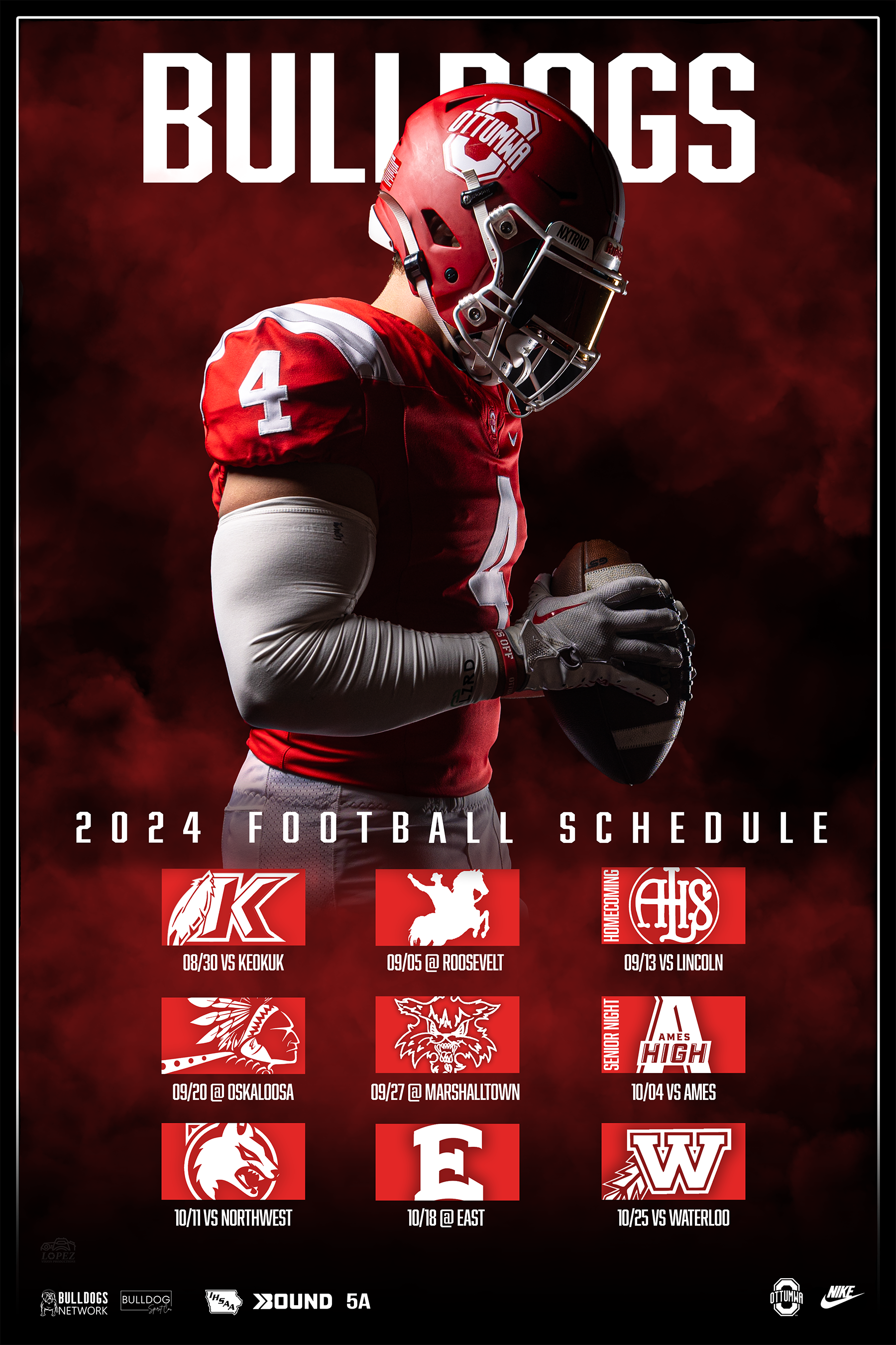 A football player dressed in a red uniform and helmet, holding a football with his head bowed down. The background features the word "Bulldogs" in large white letters and a schedule of football games for 2024, with team logos and game dates.