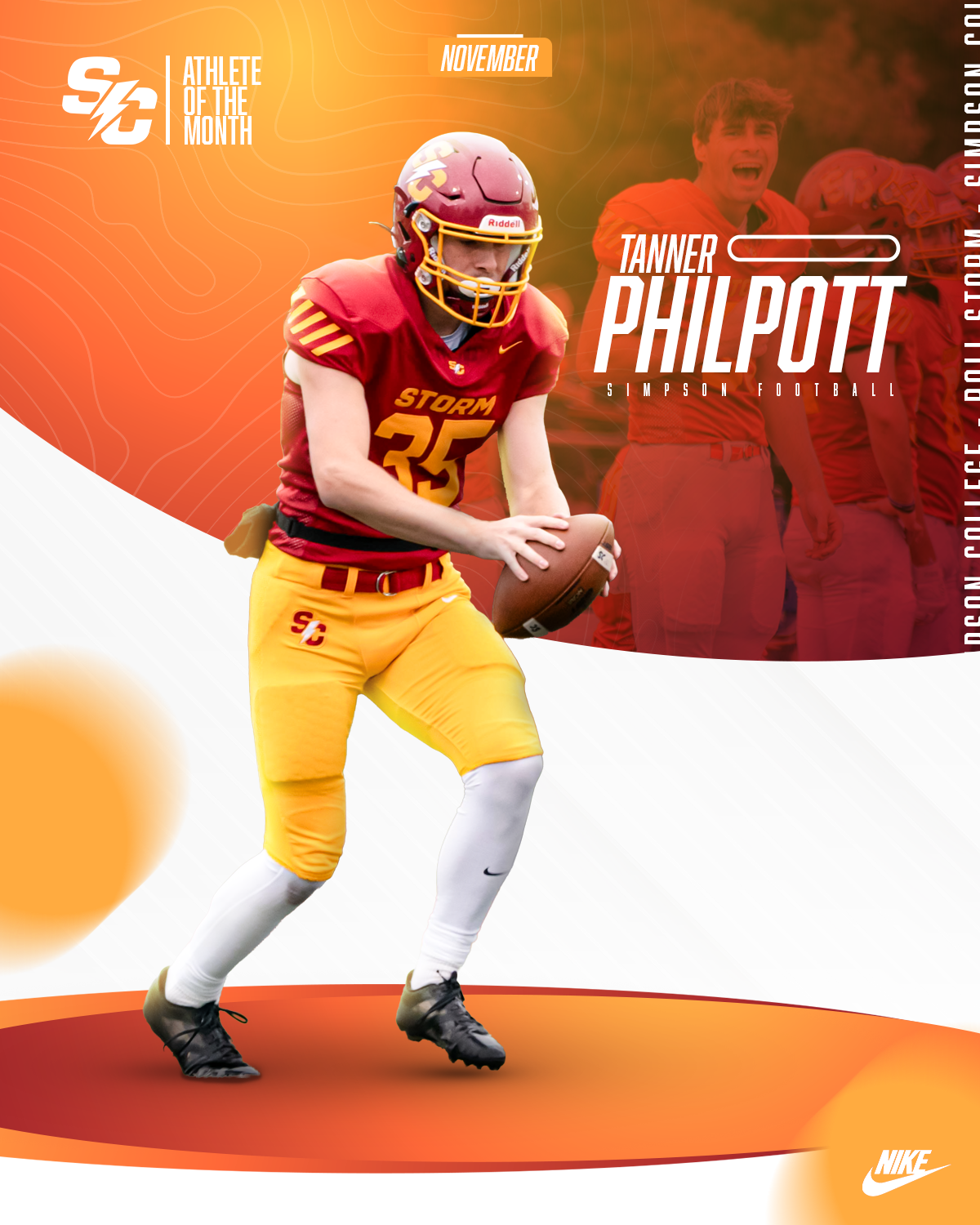 Athlete in red and yellow football uniform holding a football, with a background featuring a cheering crowd, and text indicating 'November' and 'Tanner Philpott, Simpson Football'. The image is branded with Nike and SC logos.