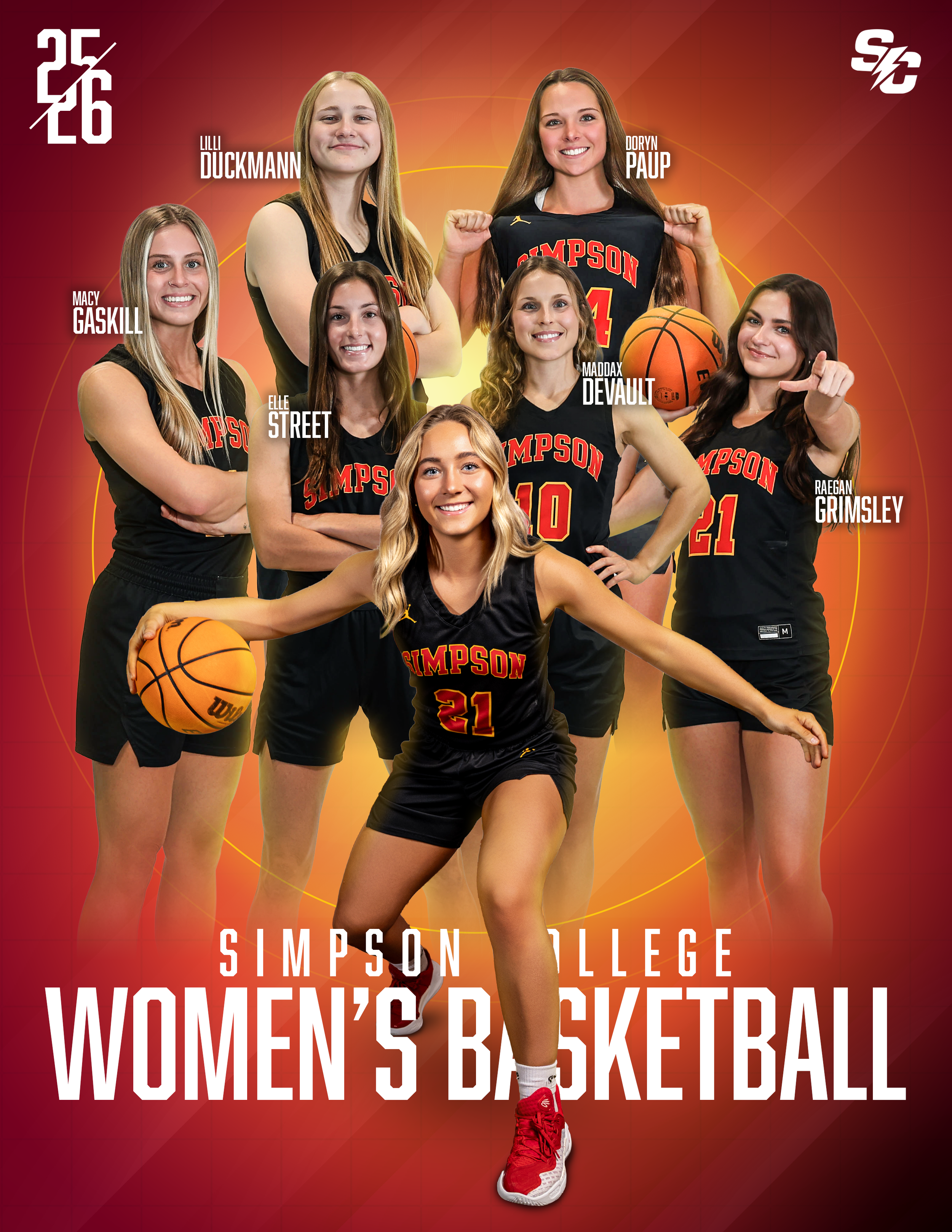 Group of female basketball players wearing black uniforms with red and yellow accents, posing with smiles and sports equipment, on a red and orange background with team and event information.
