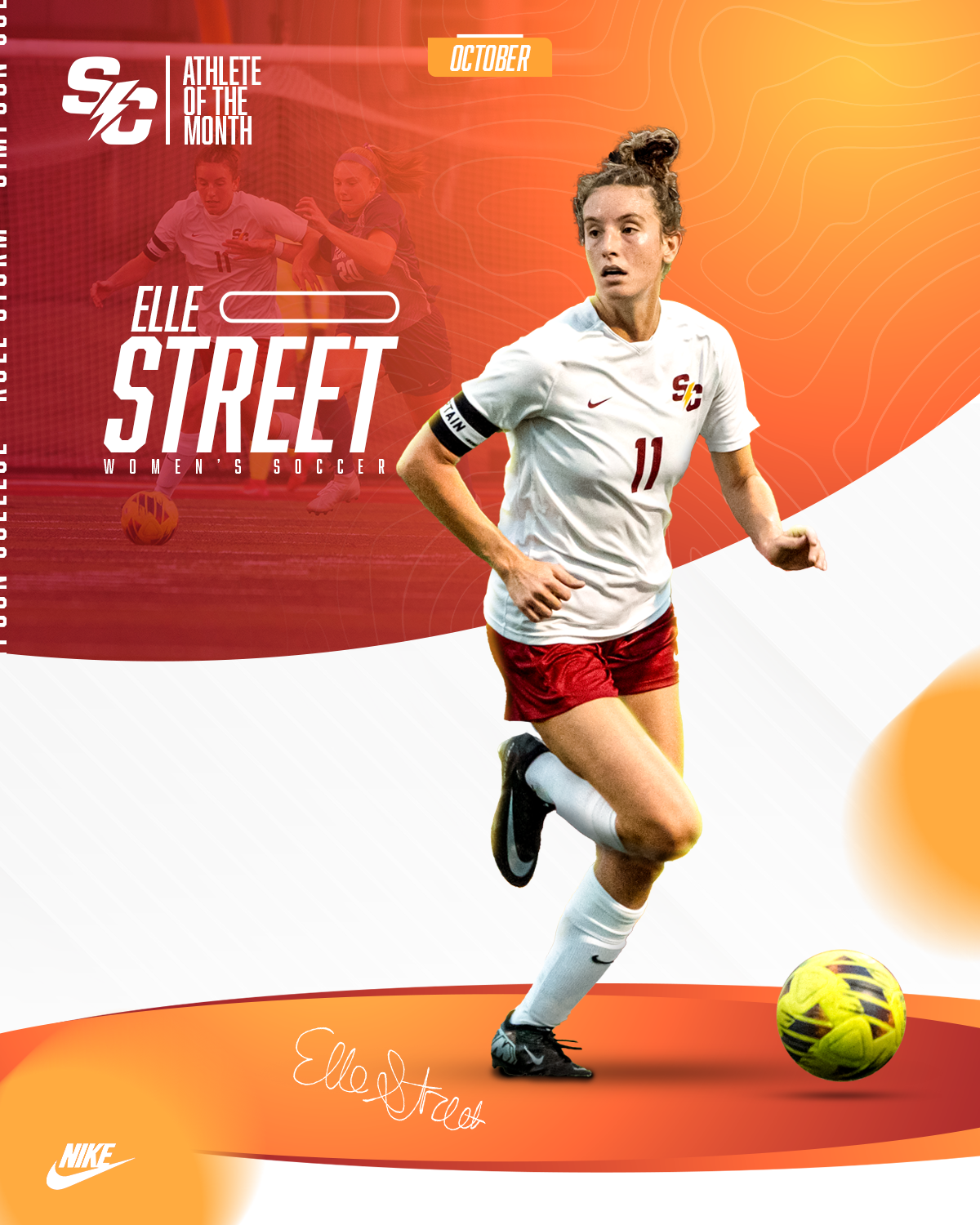 A female soccer player wearing a white jersey with the number 11 and red shorts, running on the field with a soccer ball nearby. The background is orange and red with a graphic design, and text indicates she is October's athlete of the month for wome