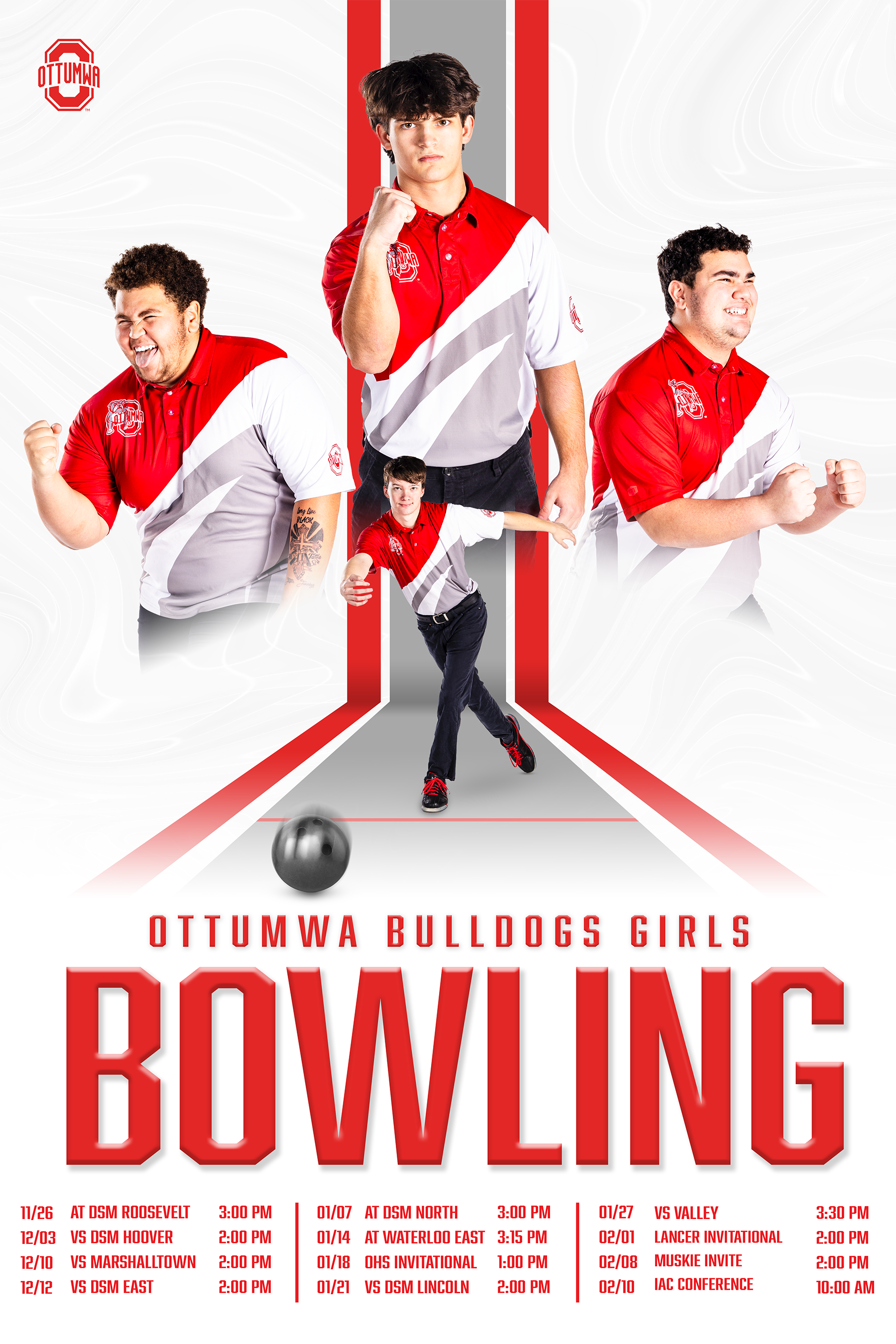 Poster promoting Ottumwa Bulldogs Girls Bowling with images of four young men in red and white sports uniforms, a bowling ball, and a schedule of matches at the bottom.