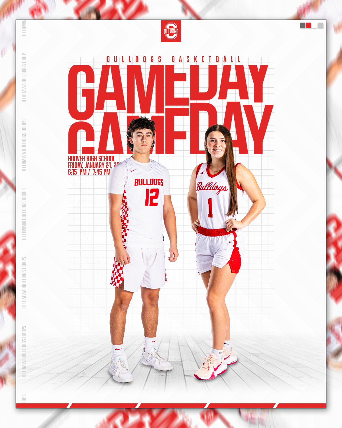 Poster for a Bulldogs basketball game featuring two teenage players in team uniforms. The boy wears a white jersey with red checkered side panels and the number 12; the girl wears a white jersey with red accents and the number 1. The poster announces