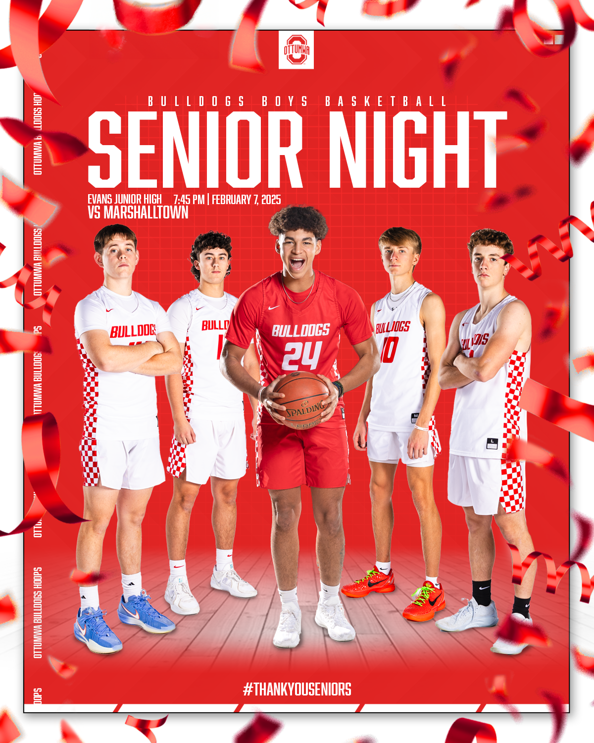 Poster for Bulldogs Boys Basketball Senior Night event, featuring five young male basketball players in white and red uniforms against a red background with confetti.