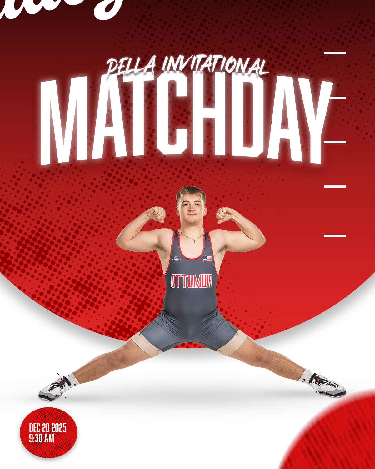 Promotional poster for a wrestling match, featuring a young male wrestler in a gray and red singlet with 'Ottumwa' written on it, standing with his legs apart and flexing his biceps against a red dotted background. The poster includes the event date 