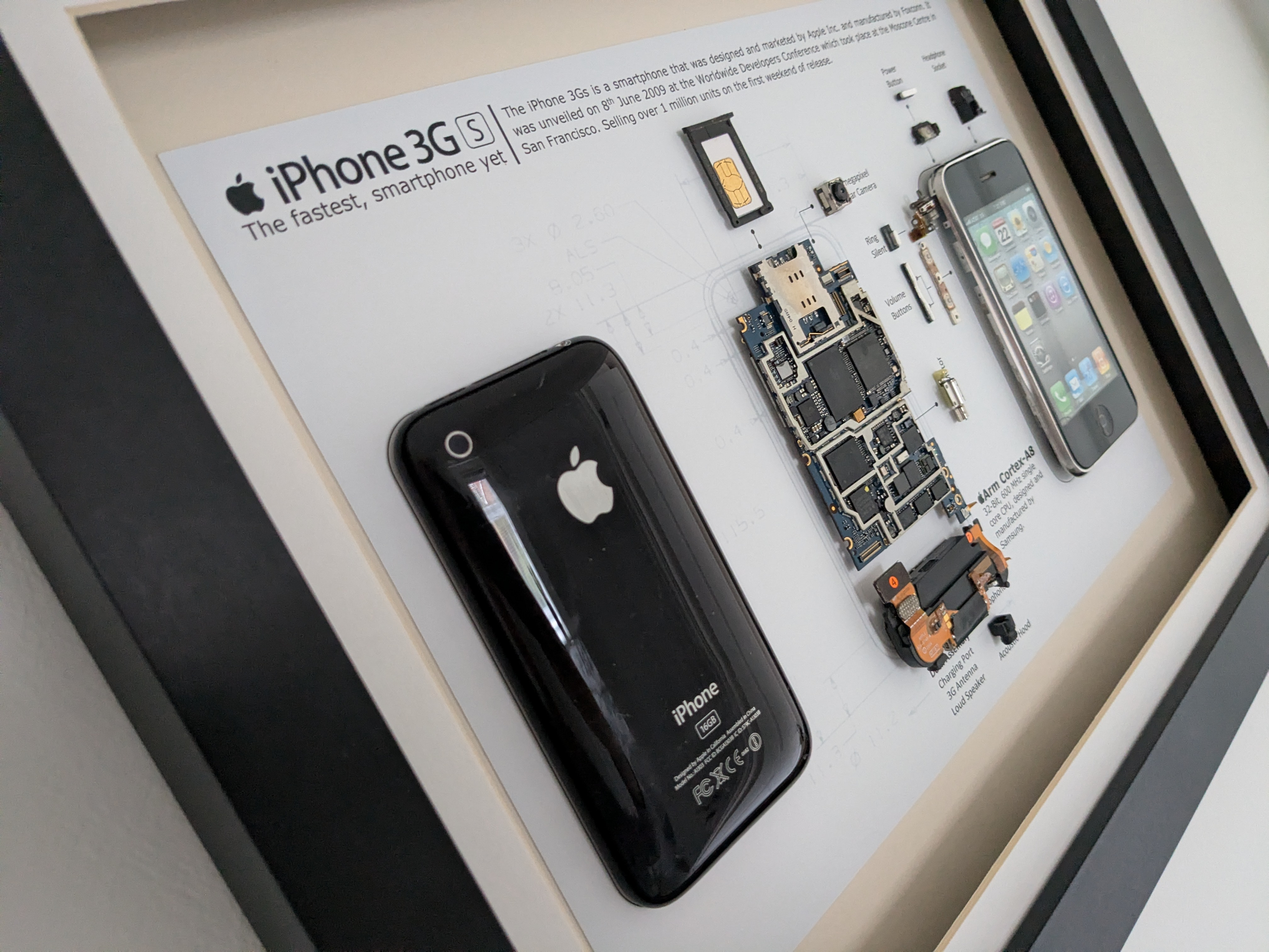 Framed Disassembled iPhone 3GS – Vintage Apple Tech Art, Retro Wall Display