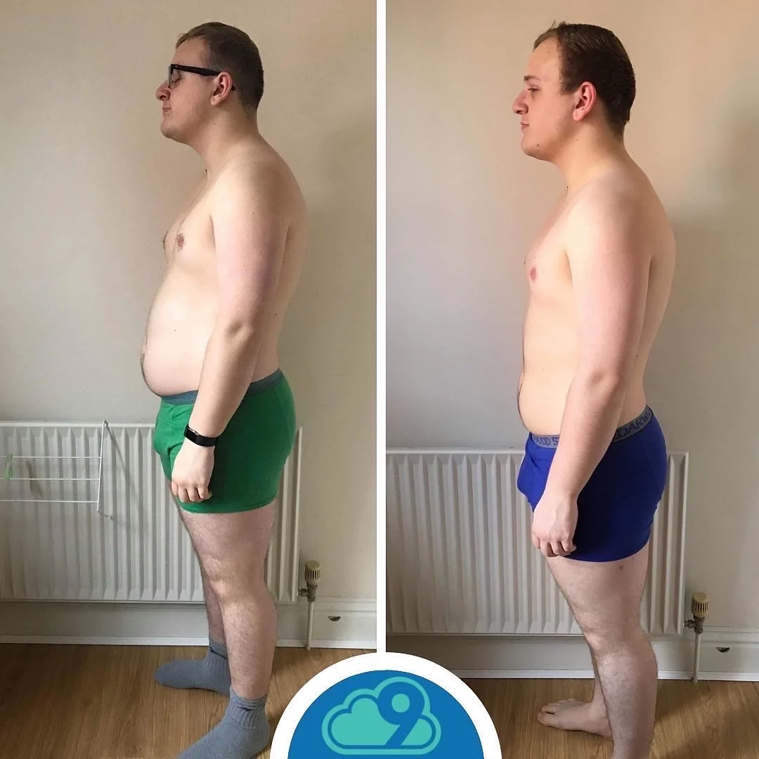 Side-by-side comparison of a young man before and after weight loss. In the first image, he has a larger abdomen, is wearing glasses, green shorts, and gray socks. In the second image, he has a slimmer physique, no glasses, and is wearing blue shorts.