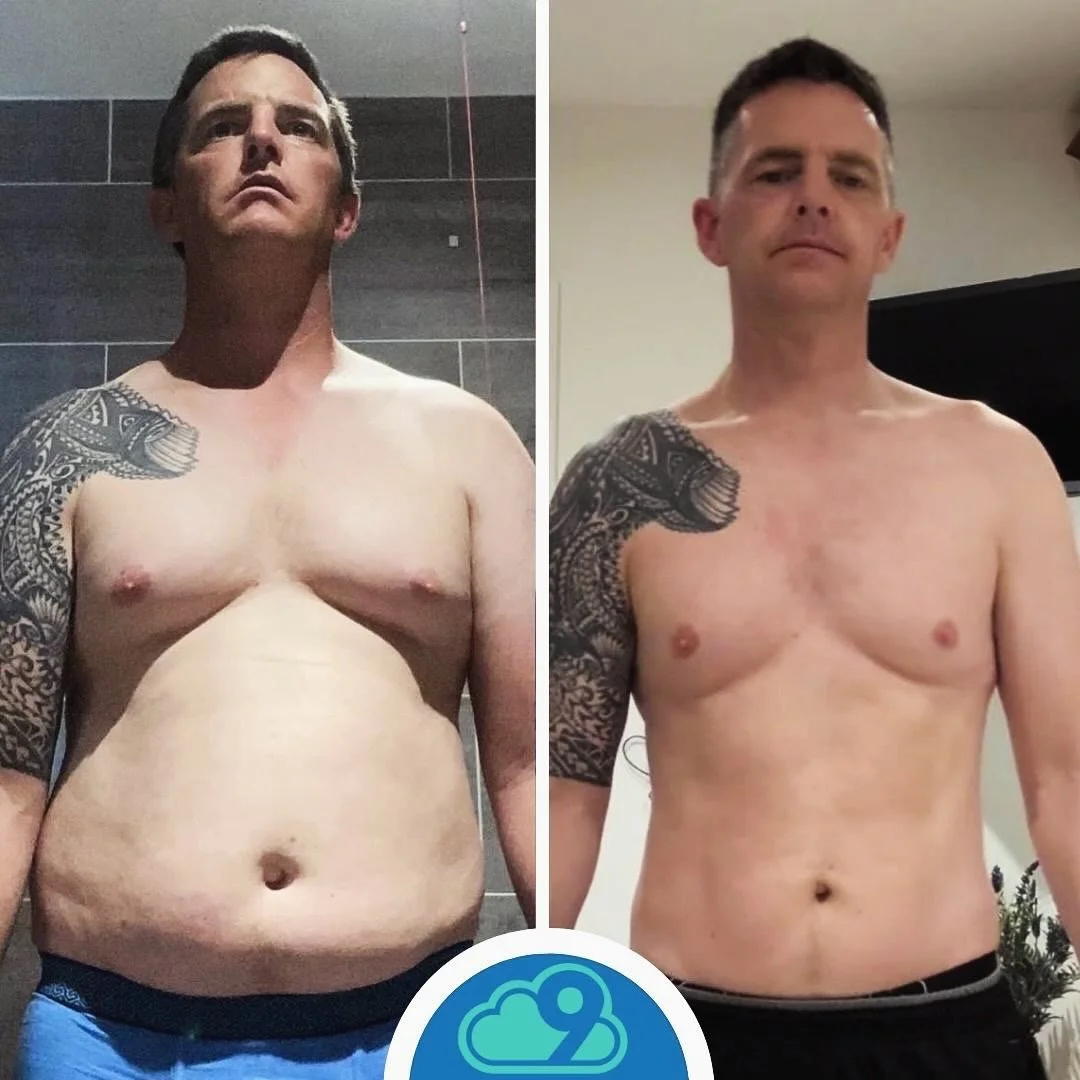 Side-by-side comparison photo of a man showing significant weight loss, with before standing on the left and after on the right, both shirtless with tattoos on his left arm.