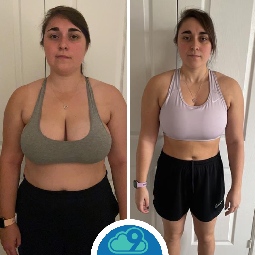 Side-by-side before-and-after photos of a woman showing body transformation, wearing workout clothes, standing indoors against a white door background.