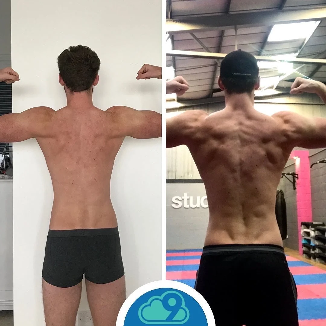 Side-by-side comparison of a man showing his back muscles, with the left side taken in front of a white wall and the right side taken in a gym. The man is shirtless, wearing black shorts, and flexing his muscles.