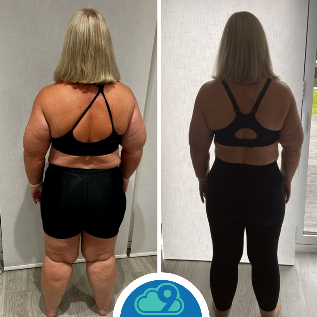 Side-by-side before and after photos of a woman showing weight loss, with her back facing the camera, wearing black athletic wear.