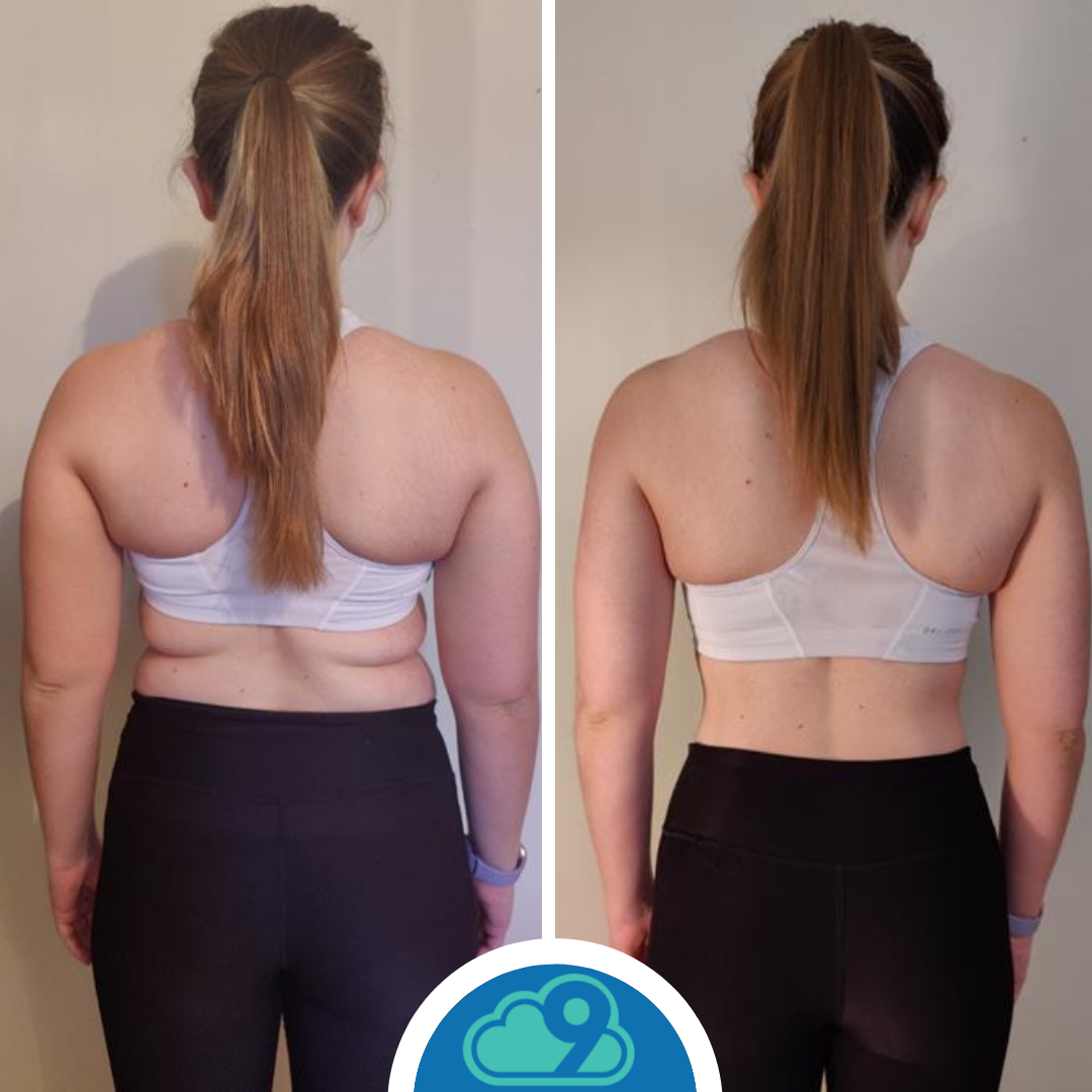 Side-by-side comparison of a woman from the back, before and after weight loss or fitness transformation, wearing a white sports bra and black pants.