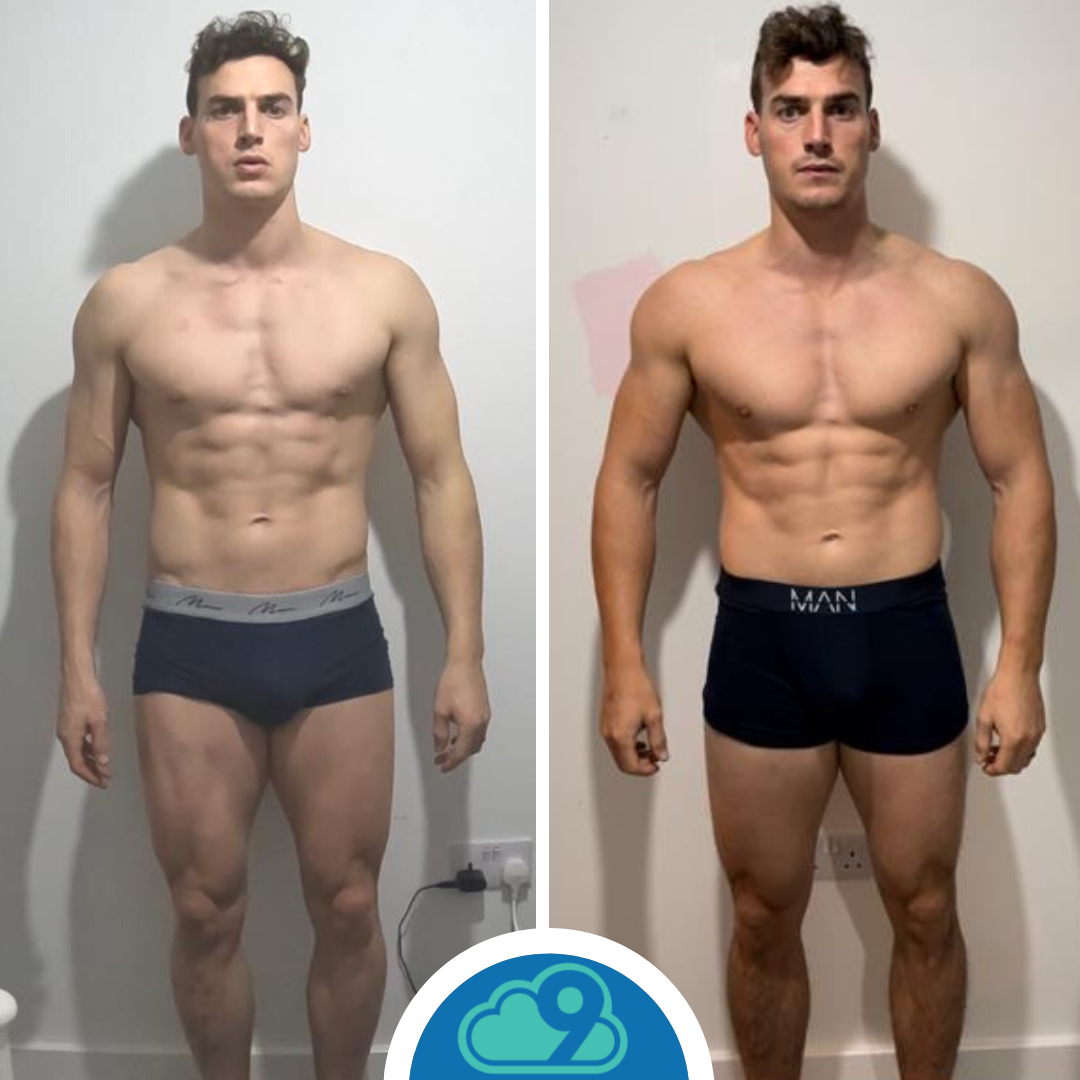 Side-by-side comparison of a man before and after a fitness transformation, showing increased muscle definition and darker skin tone in the after photo.