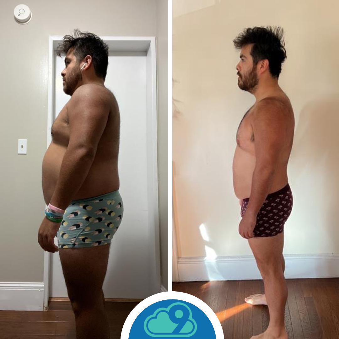 Side-by-side comparison of a man before and after weight loss, standing in underwear with similar pose, showing physical transformation.