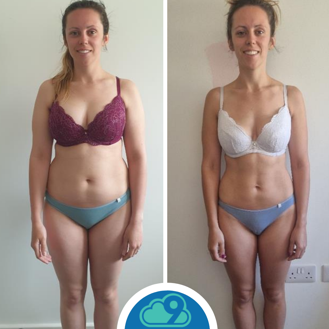 Side-by-side comparison of a woman before and after weight loss, wearing lingerie, standing against a plain wall with a socket visible on the right.