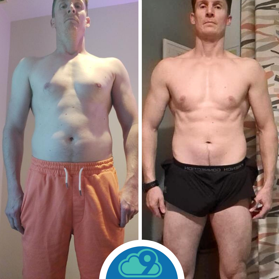 Side-by-side comparison of a shirtless man before and after fitness transformation, showing physical changes and increased muscle definition.
