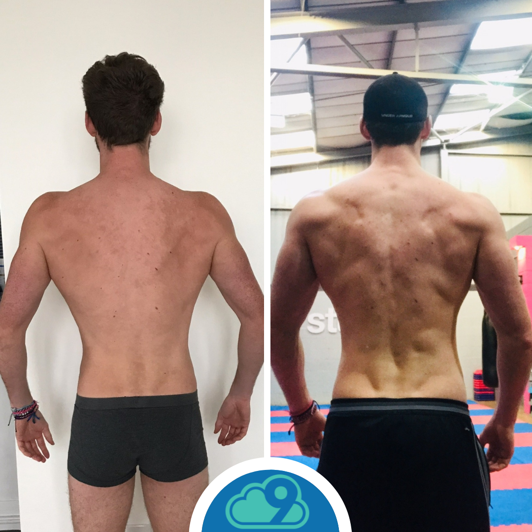 Side-by-side photos of a shirtless young man showing his back before and after fitness training, with increased muscle definition in the after photo.