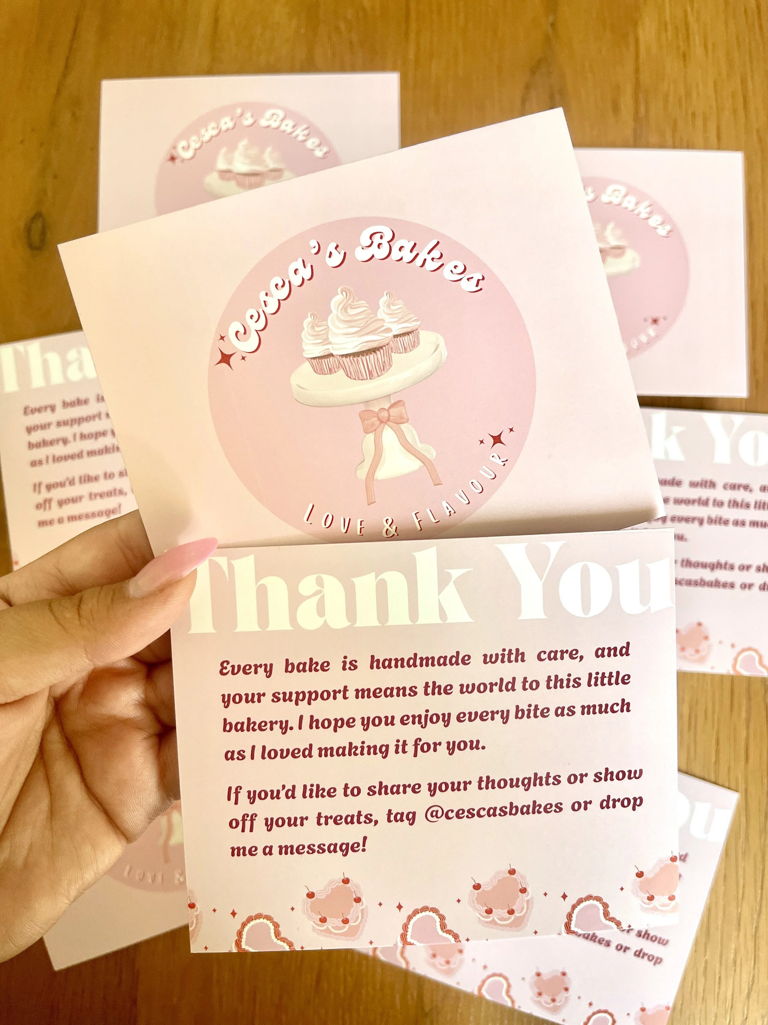 Pink thank you cards from Cecesa's Bakes with a cupcake illustration and message 