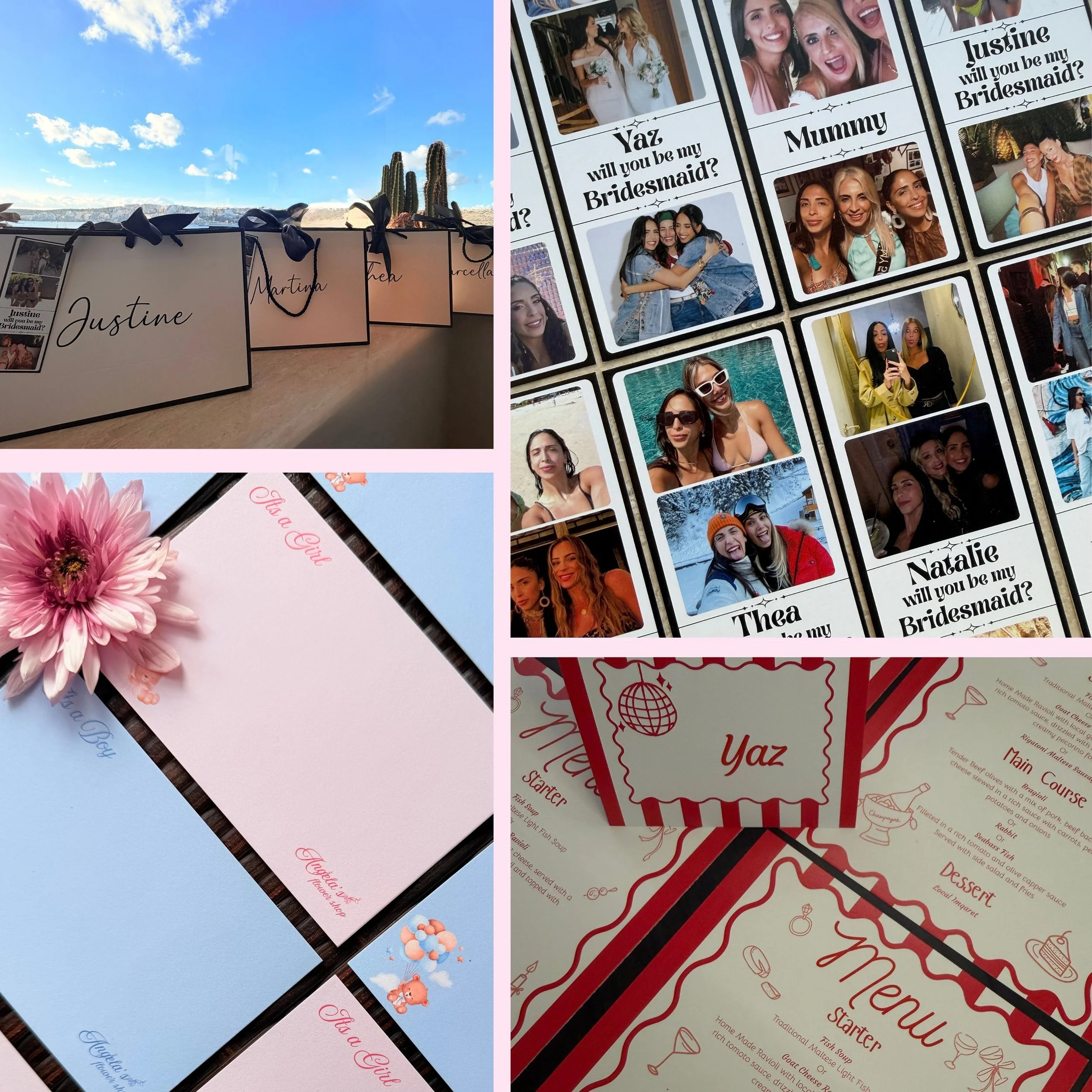 Collection of wedding and bridal shower supplies including name cards, photo booth pictures, and menu cards.