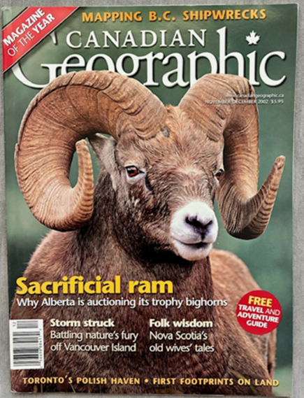 Close-up of a bighorn sheep with large, curved horns on the cover of Canadian Geographic magazine, photo by Terry Parker.