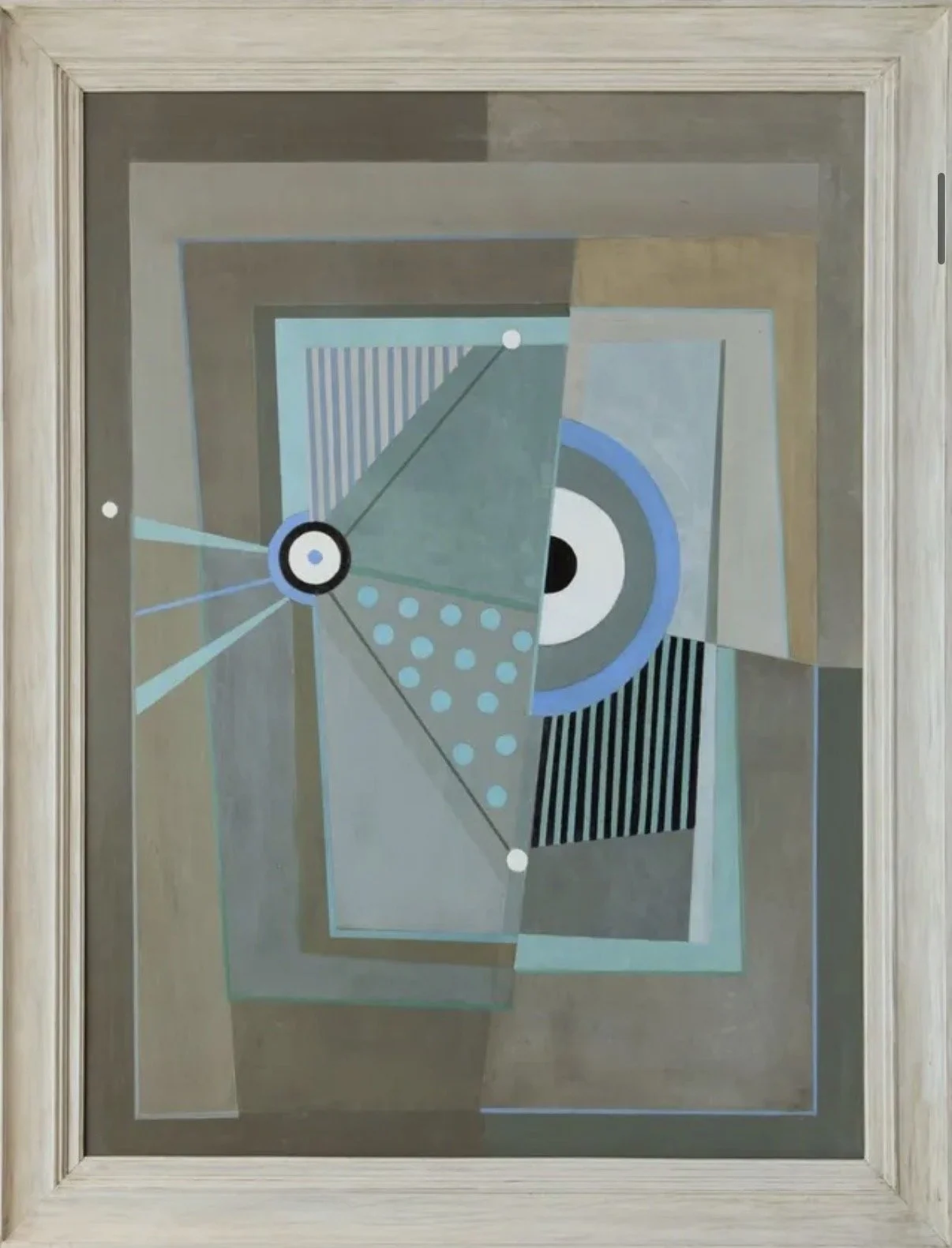 Abstract geometric painting with circles, rectangles, and lines in shades of blue, gray, black, and white, framed in light-colored wood.