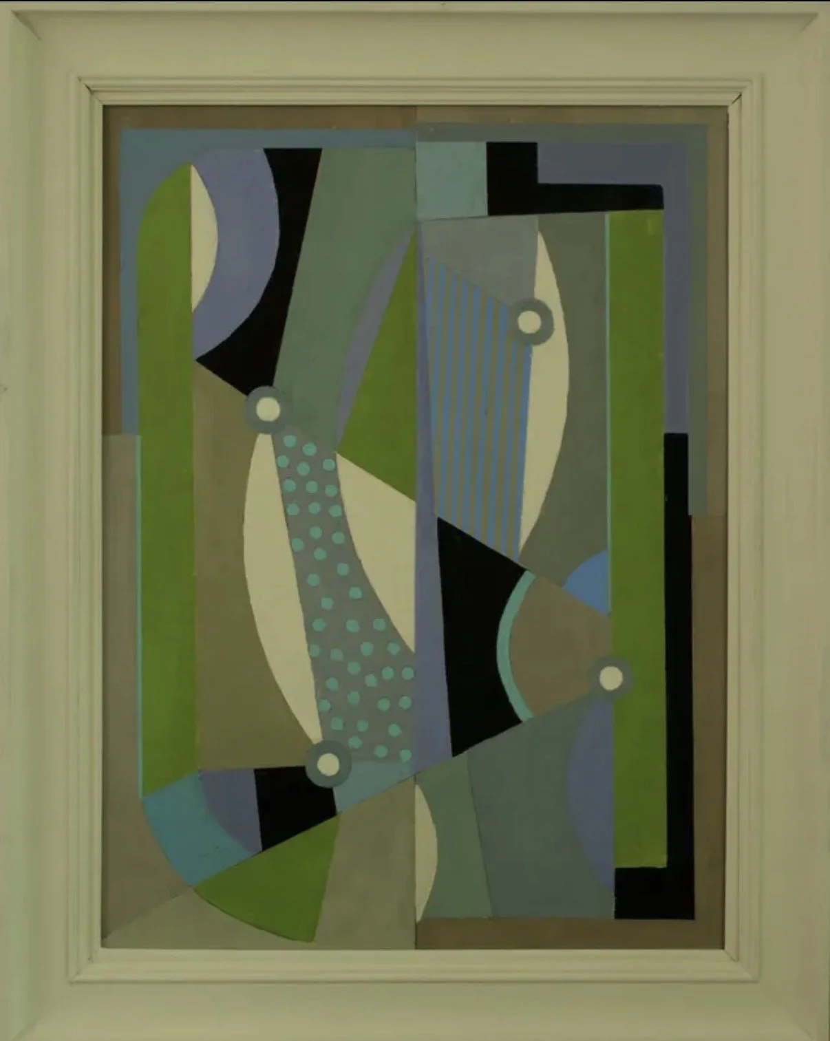 Abstract geometric painting with various shapes and shades of green, blue, black, gray, and beige, framed in a beige wooden border.