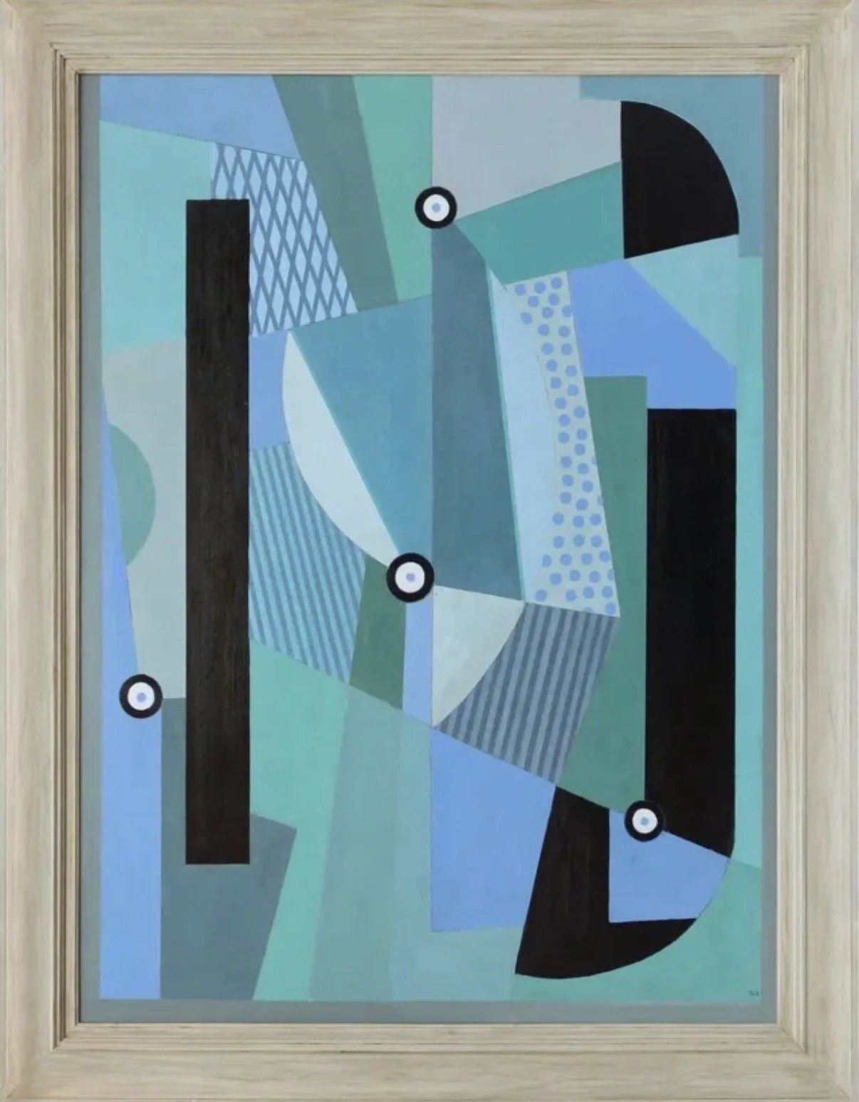 Abstract geometric painting with blue, black, green, and white shapes and patterns framed in light wood.