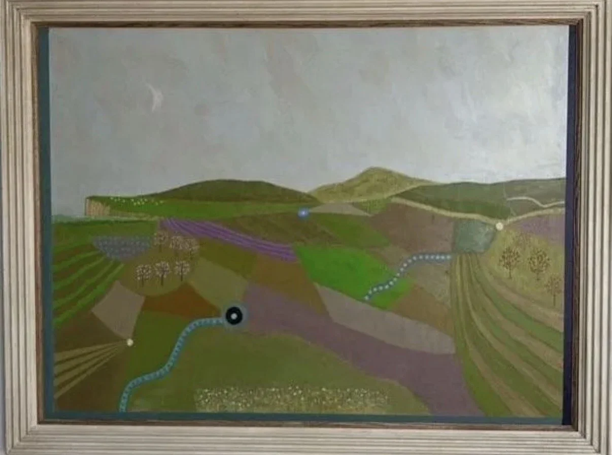 Painting of a landscape with rolling hills, fields, trees, and a cloudy sky with the moon visible.