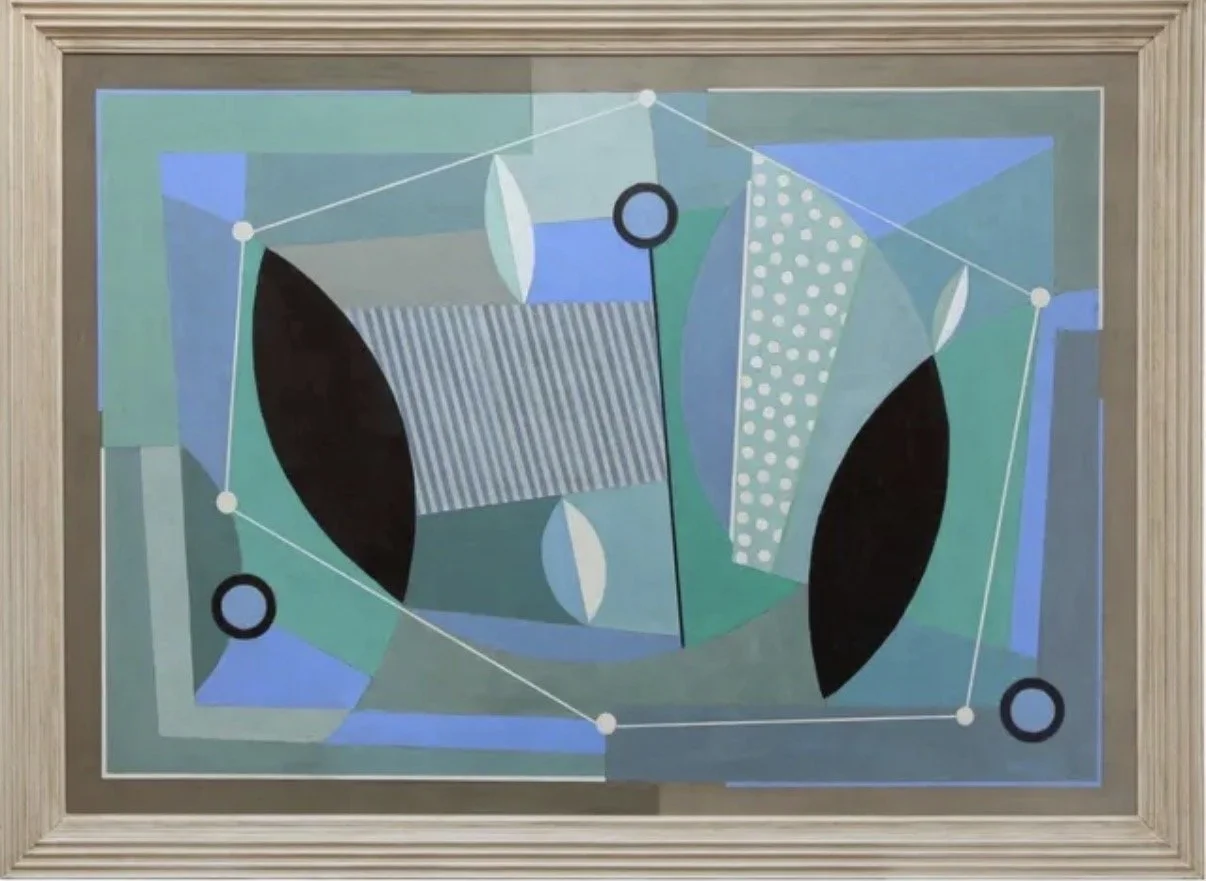 Abstract geometric painting with shapes, lines, and patterns in shades of blue, green, black, and white, framed with a wooden border.