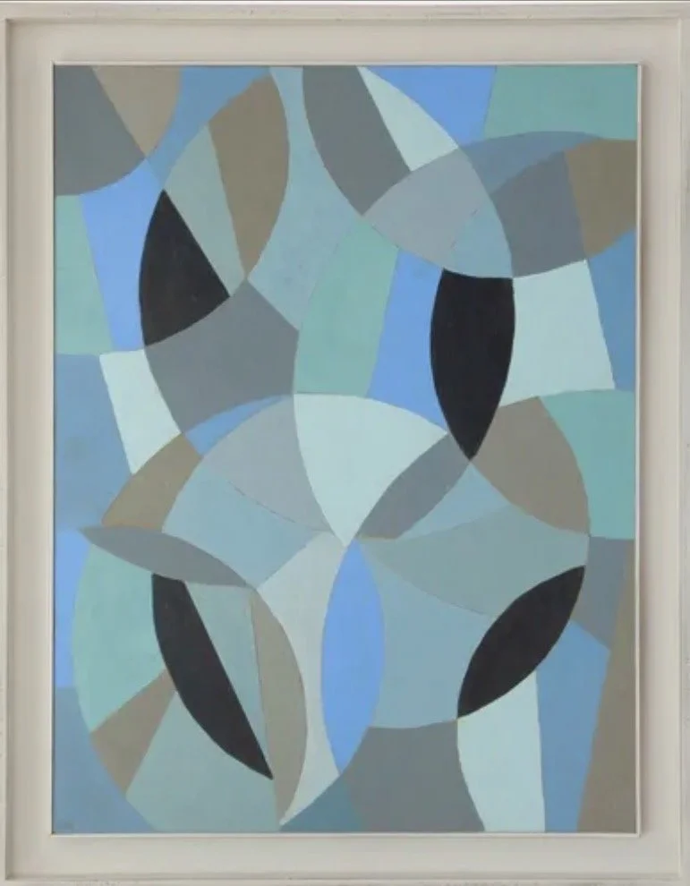 Abstract geometric painting with overlapping shapes in shades of blue, gray, black, and teal.