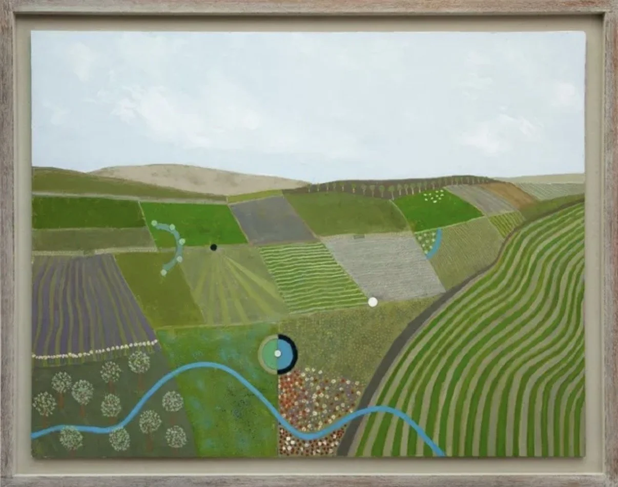 Painting of a patchwork landscape with fields, hills, and a winding blue river.