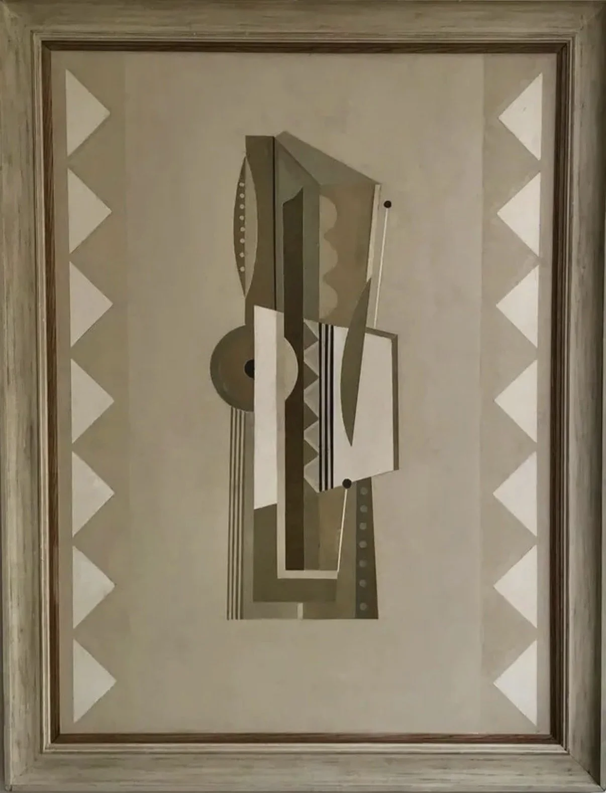 Abstract geometric painting with various shapes and shades of beige, brown, and white, framed by a wooden border with triangular details on the sides.