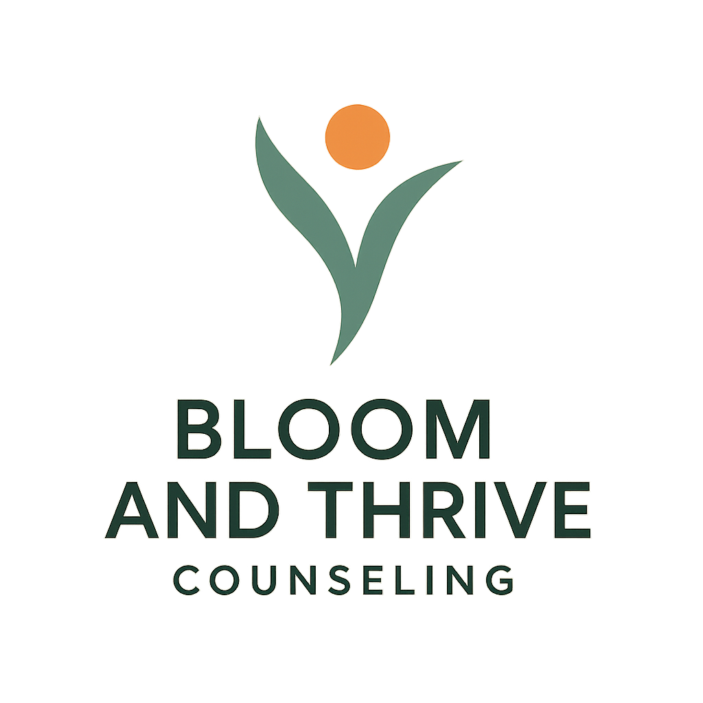 Logo for Bloom and Thrive Counseling featuring a stylized flower.