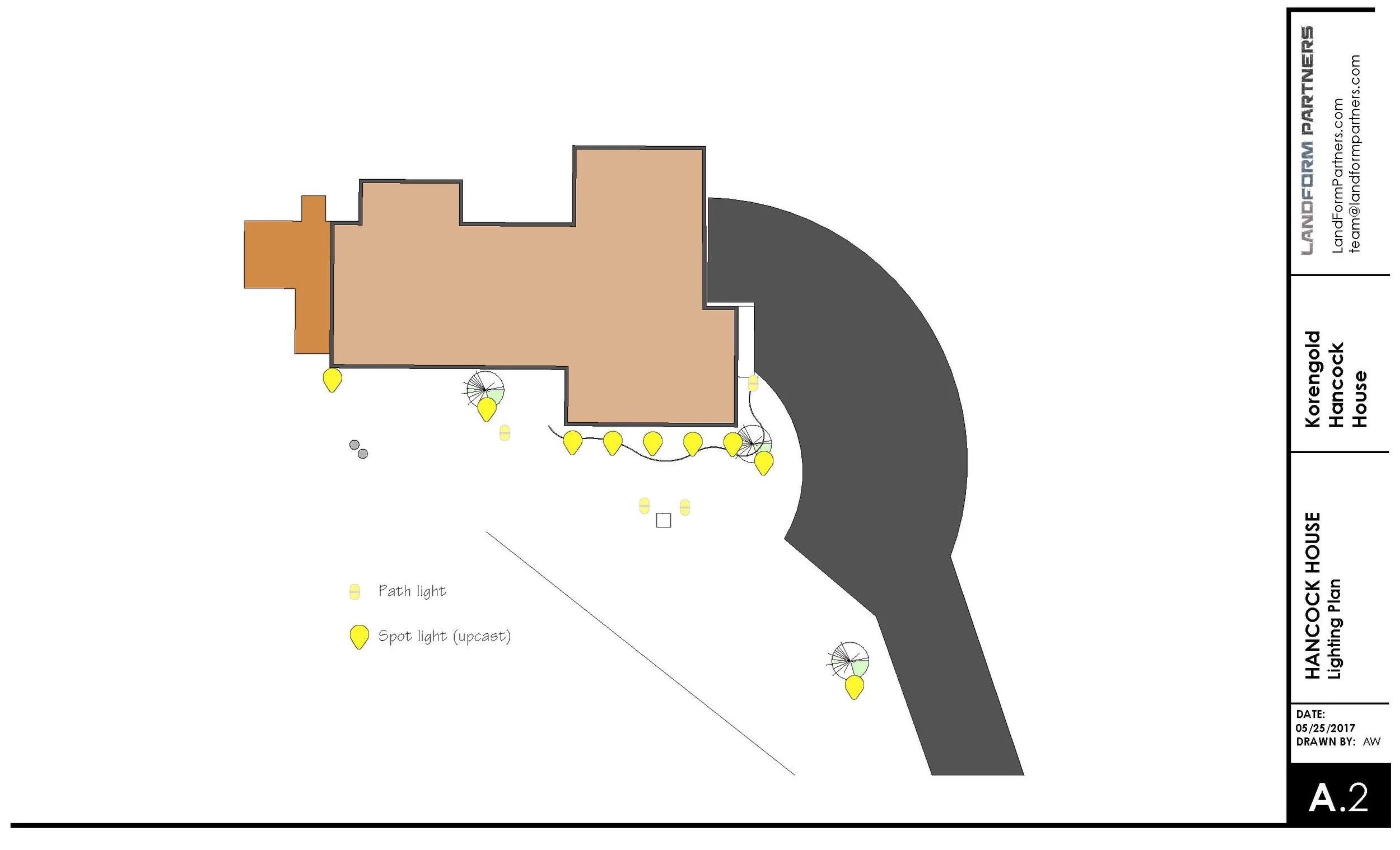 Lighting plan of a house showing pathway lights and spotlights around the front entrance and driveway.