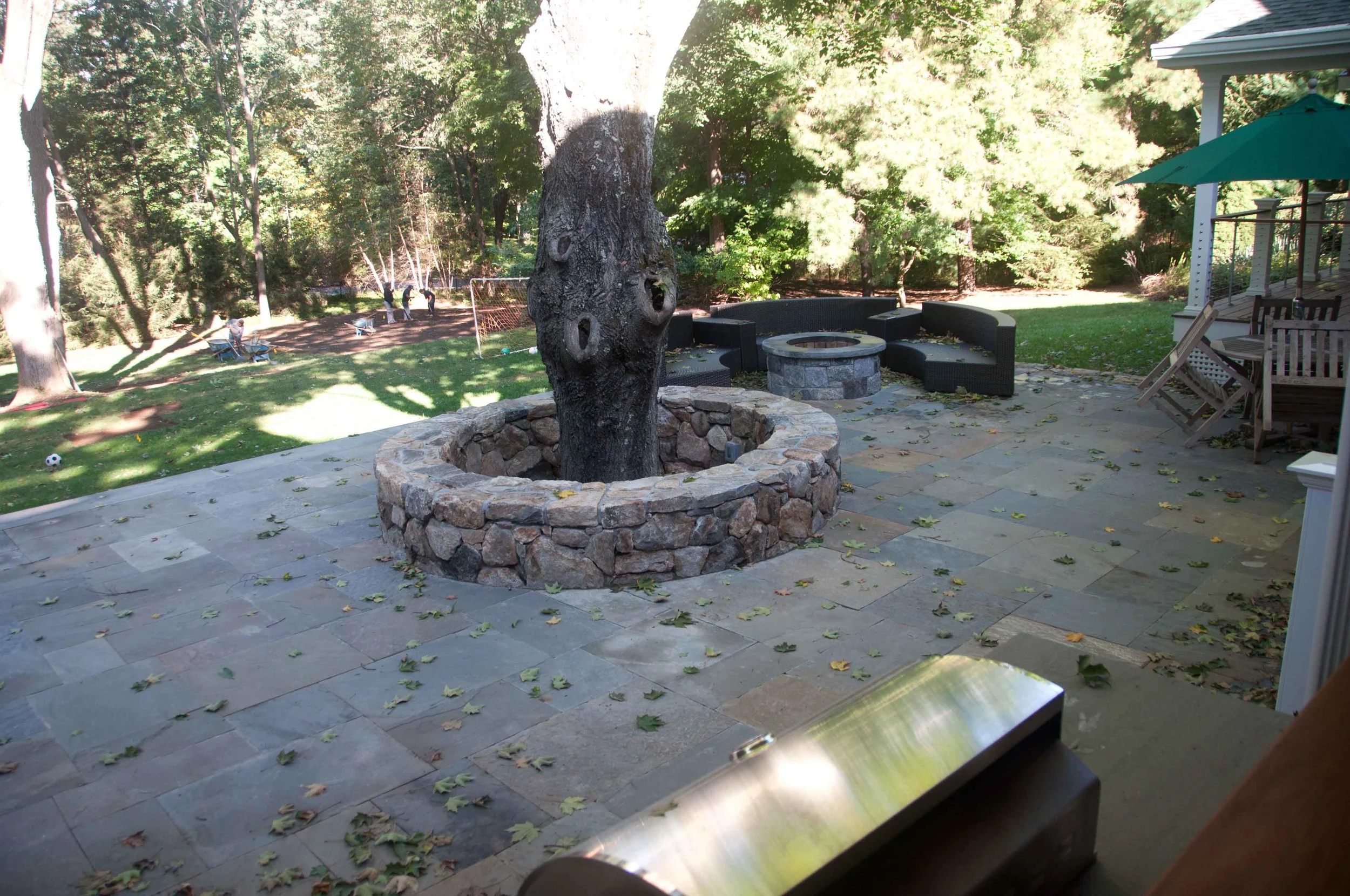 Backyard patio with a large tree surrounded by a stone planter, a fire pit with outdoor seating, and a grassy area with trees and children playing in the background.