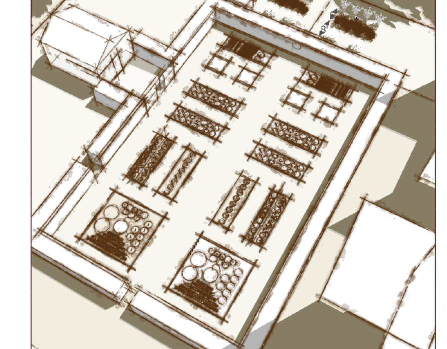 Architectural sketch of a building layout with garden areas, pathways, and various rooms or sections.
