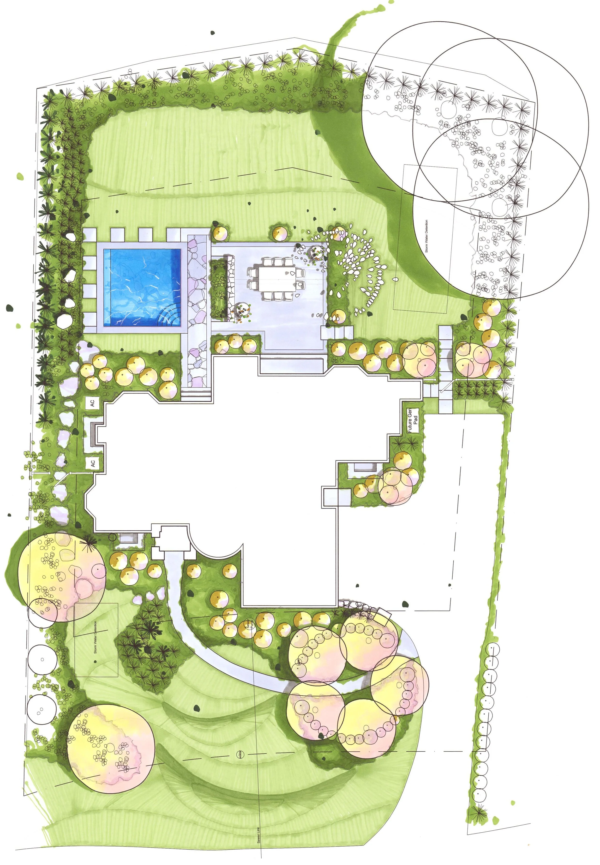 A landscape design plan featuring a swimming pool, outdoor dining area, lush greenery, trees, and lawns surrounding a house.