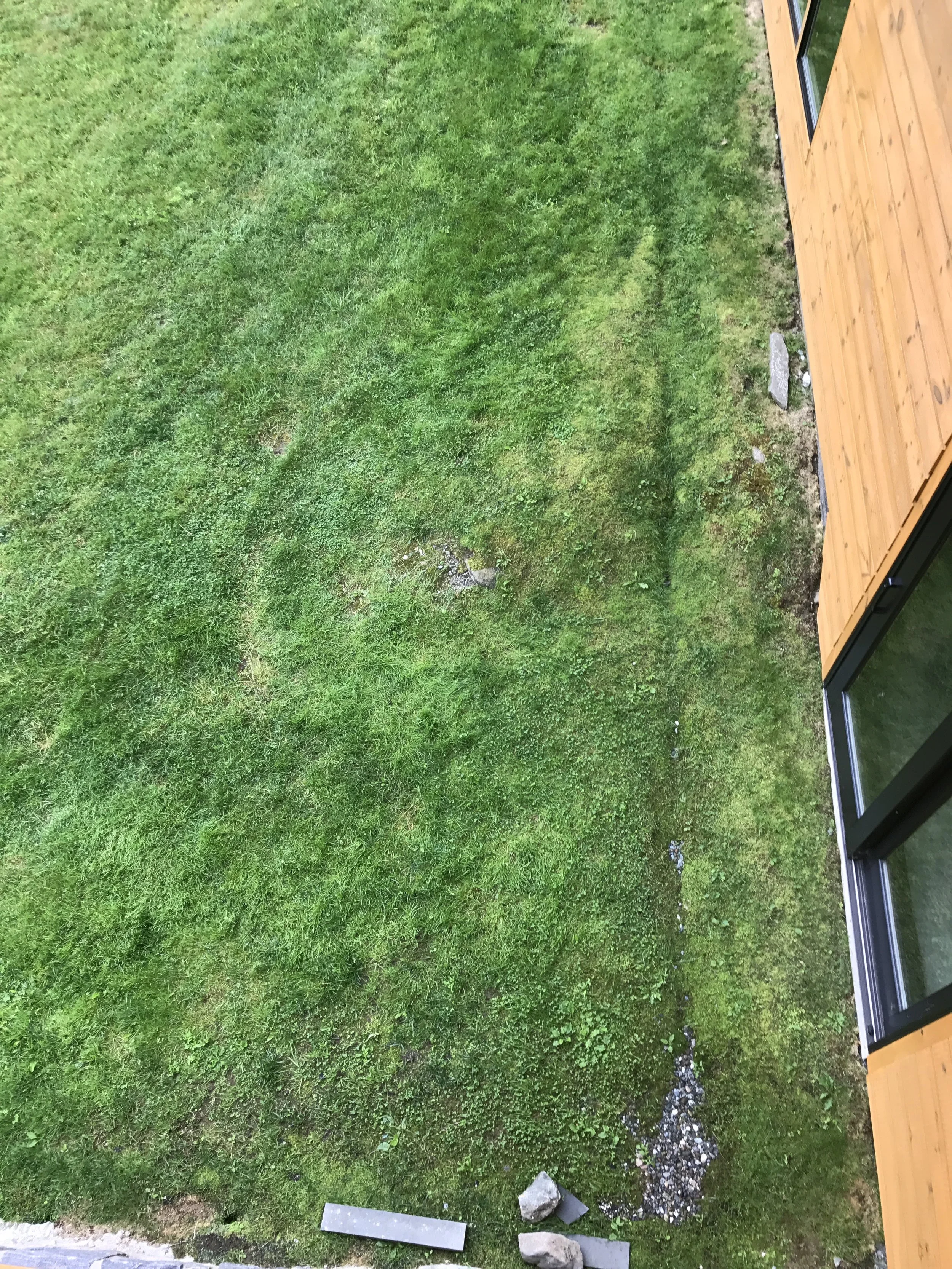 View of a grassy yard with some rocks and gravel near a wooden deck with sliding glass doors.