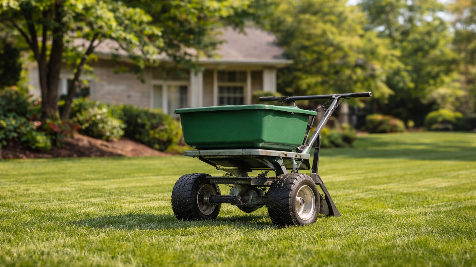 Spring grub preventative treatment being applied to a residential lawn in Chicagoland