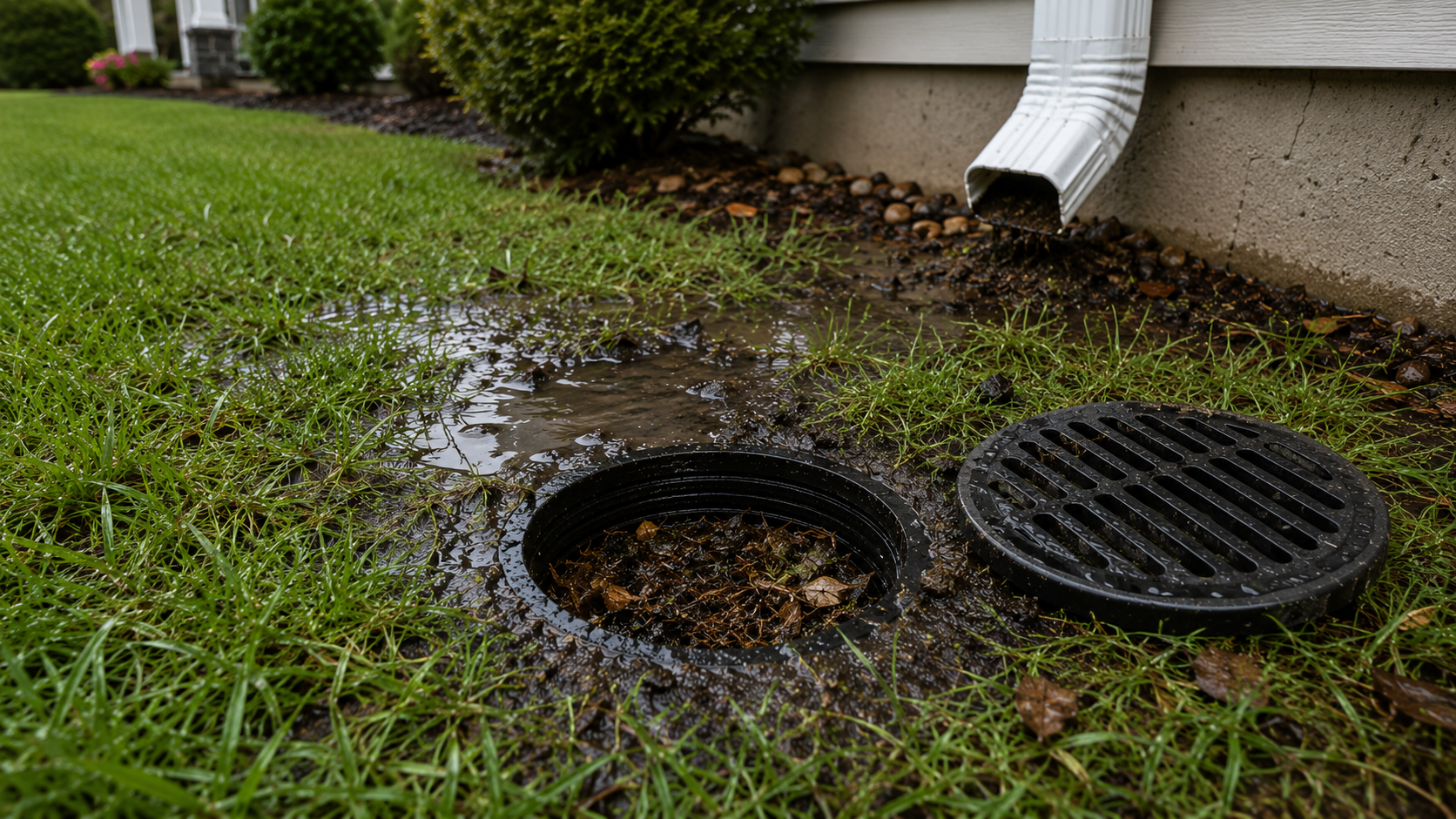 Clogged residential yard drain filled with leaves and debris causing standing water near a home's foundation