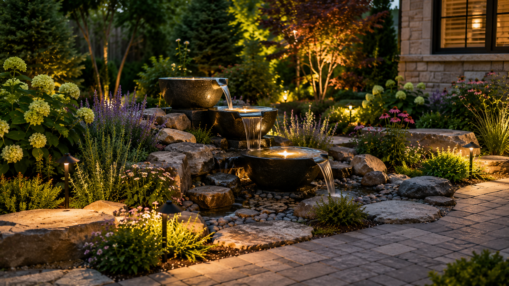 Custom backyard water feature featuring cascading fountain bowls, natural stone, landscape lighting, and professionally designed gardens in New Lenox, Illinois.