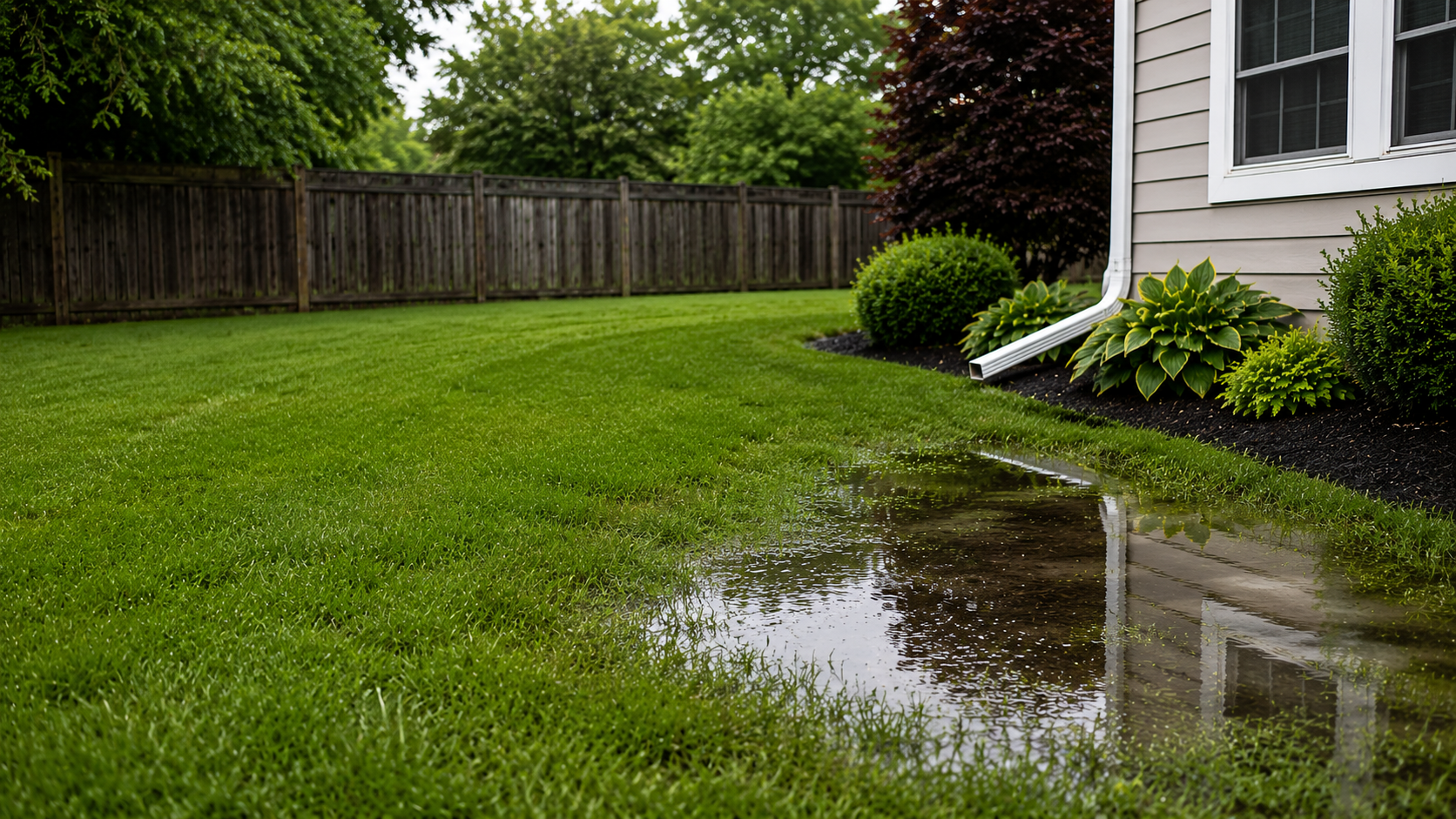 Standing water pooling in a backyard low spot due to poor yard grading after a rainstorm