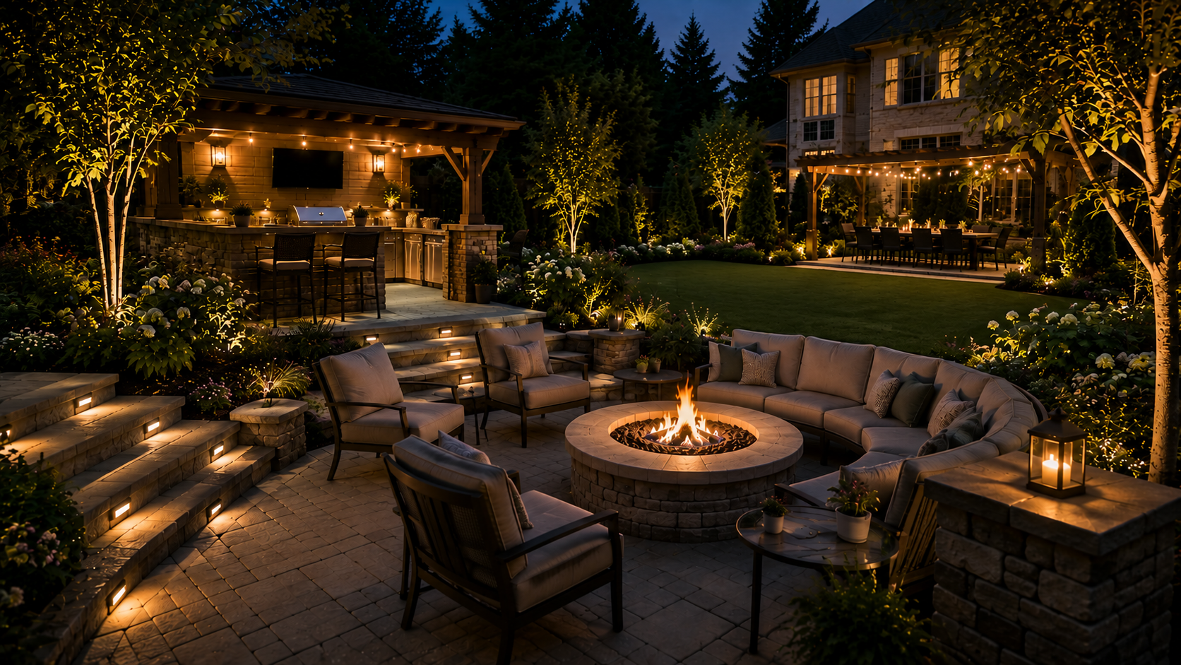 Luxury outdoor living space at dusk featuring a fire pit, outdoor kitchen, landscape lighting, and inviting gathering areas designed for relaxing and making memories with family and friends.