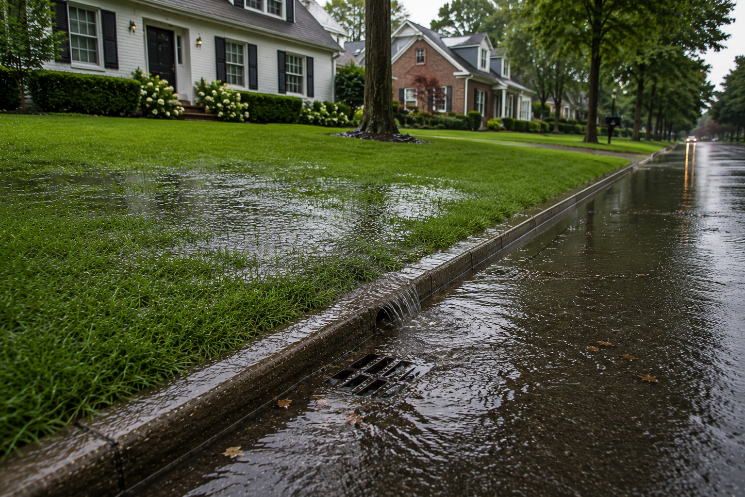 Water-saturated front lawn overflowing over the curb and draining into a residential street after heavy rainfall